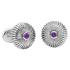 Fabergé Sterling Silver Round Fluted Cufflinks with Amethyst, US Clients