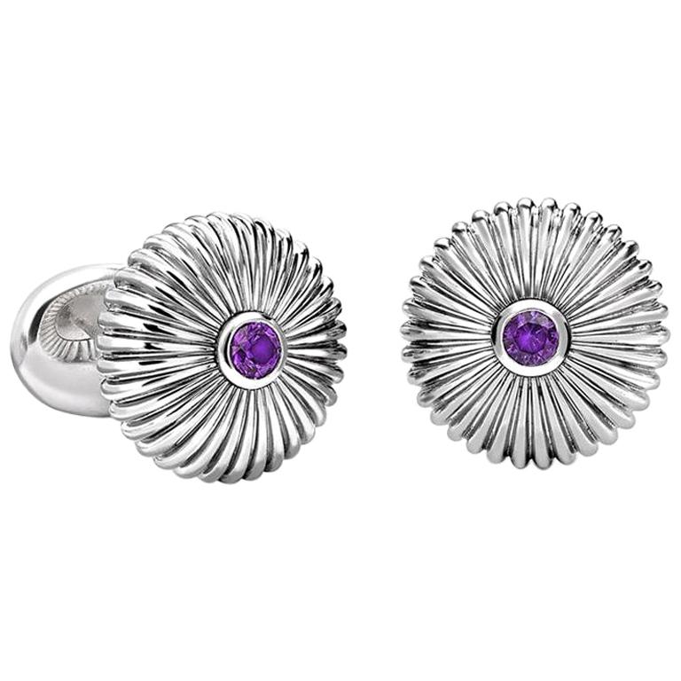 Fabergé Sterling Silver Round Fluted Cufflinks with Amethyst For Sale