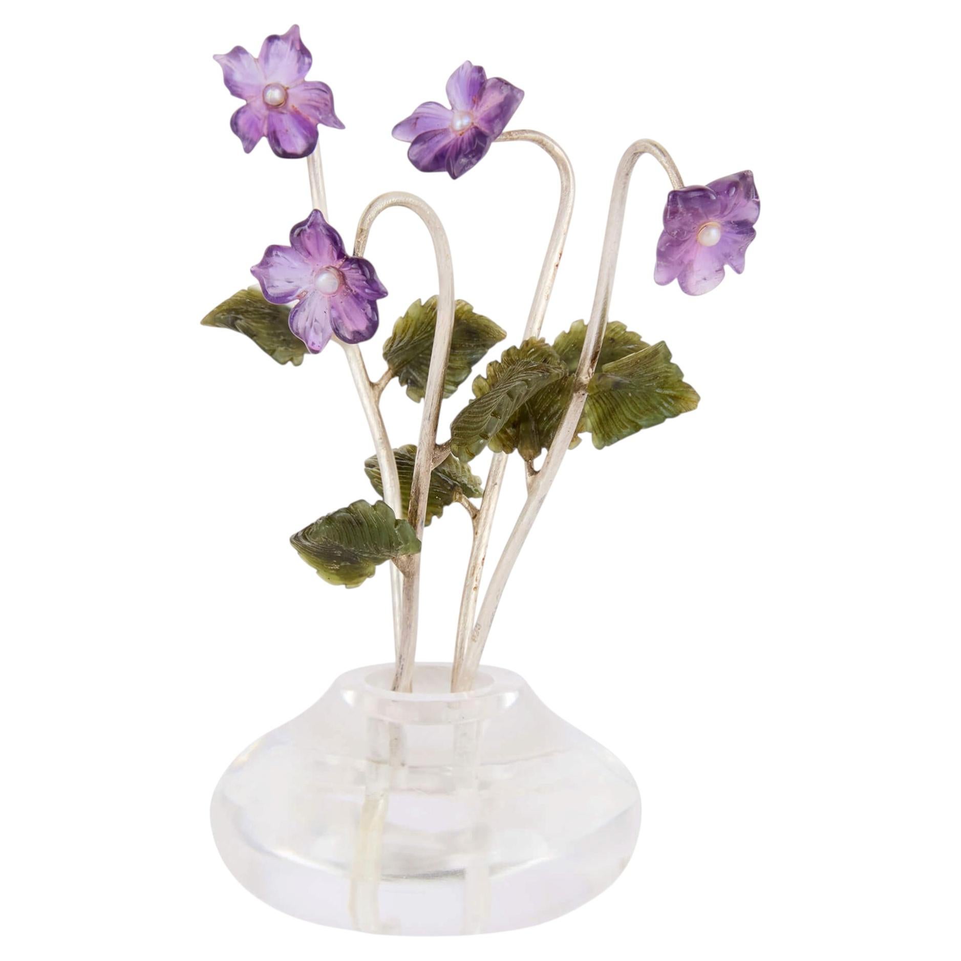 Fabergé-Style Amethyst, Nephrite and Pearl Study of Violets in Rock Crystal Vase
