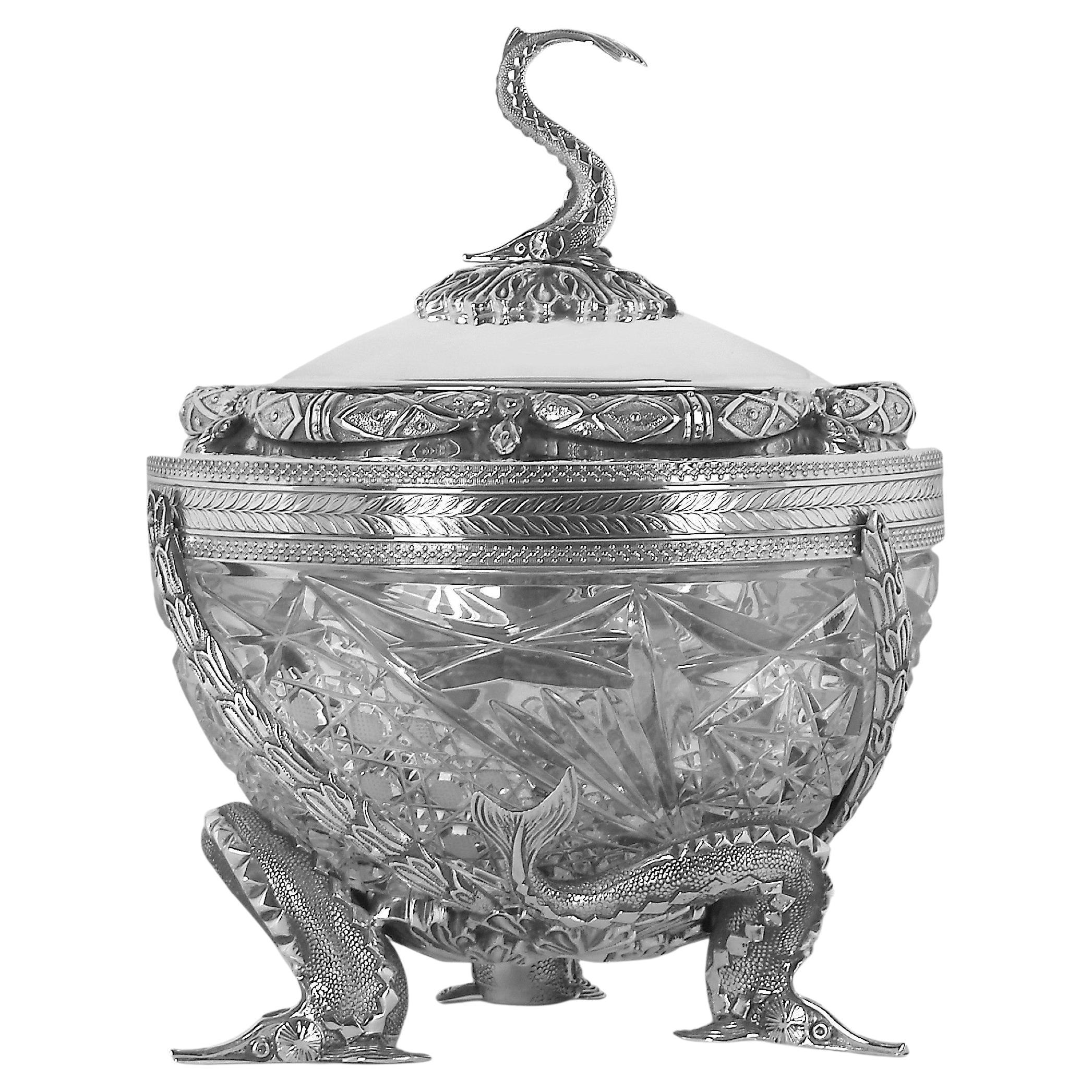 Fabergé Style “Dance of the Sturgeons” Silver and Crystal Caviar Server For Sale