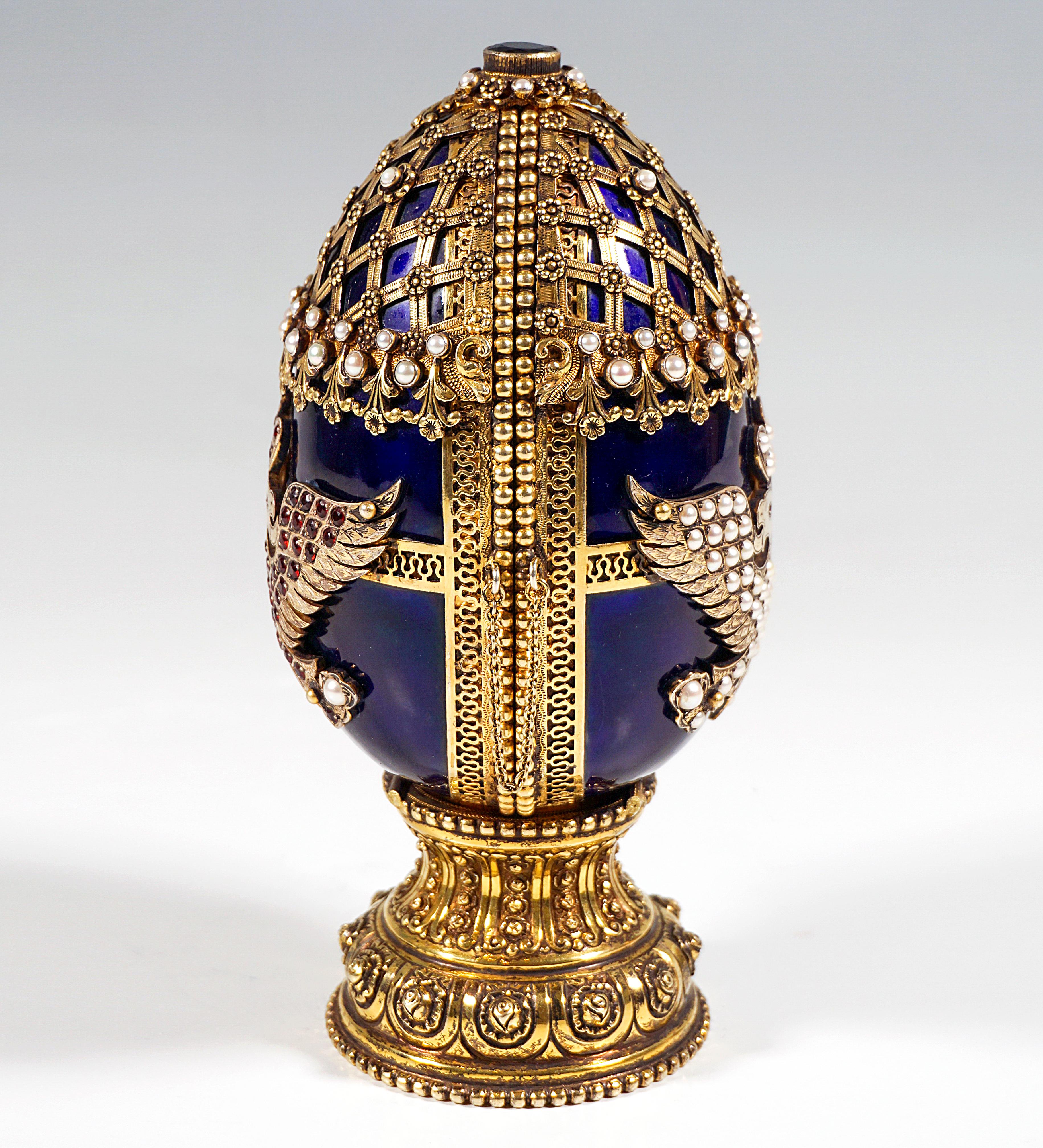 Russian Fabergé Style Enamelled Silver Decorative Egg with Miniature, Russia