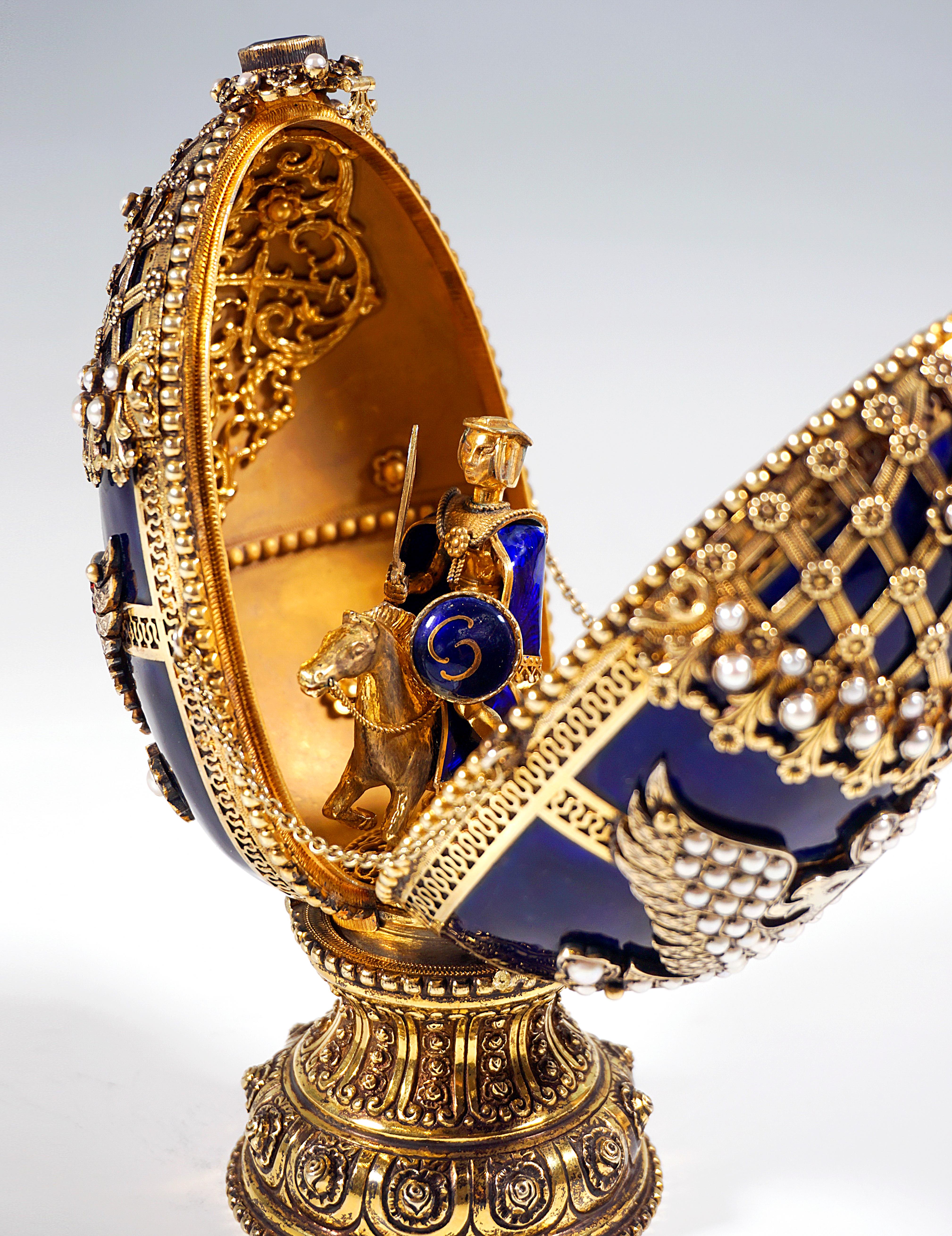 Hand-Crafted Fabergé Style Enamelled Silver Decorative Egg with Miniature, Russia