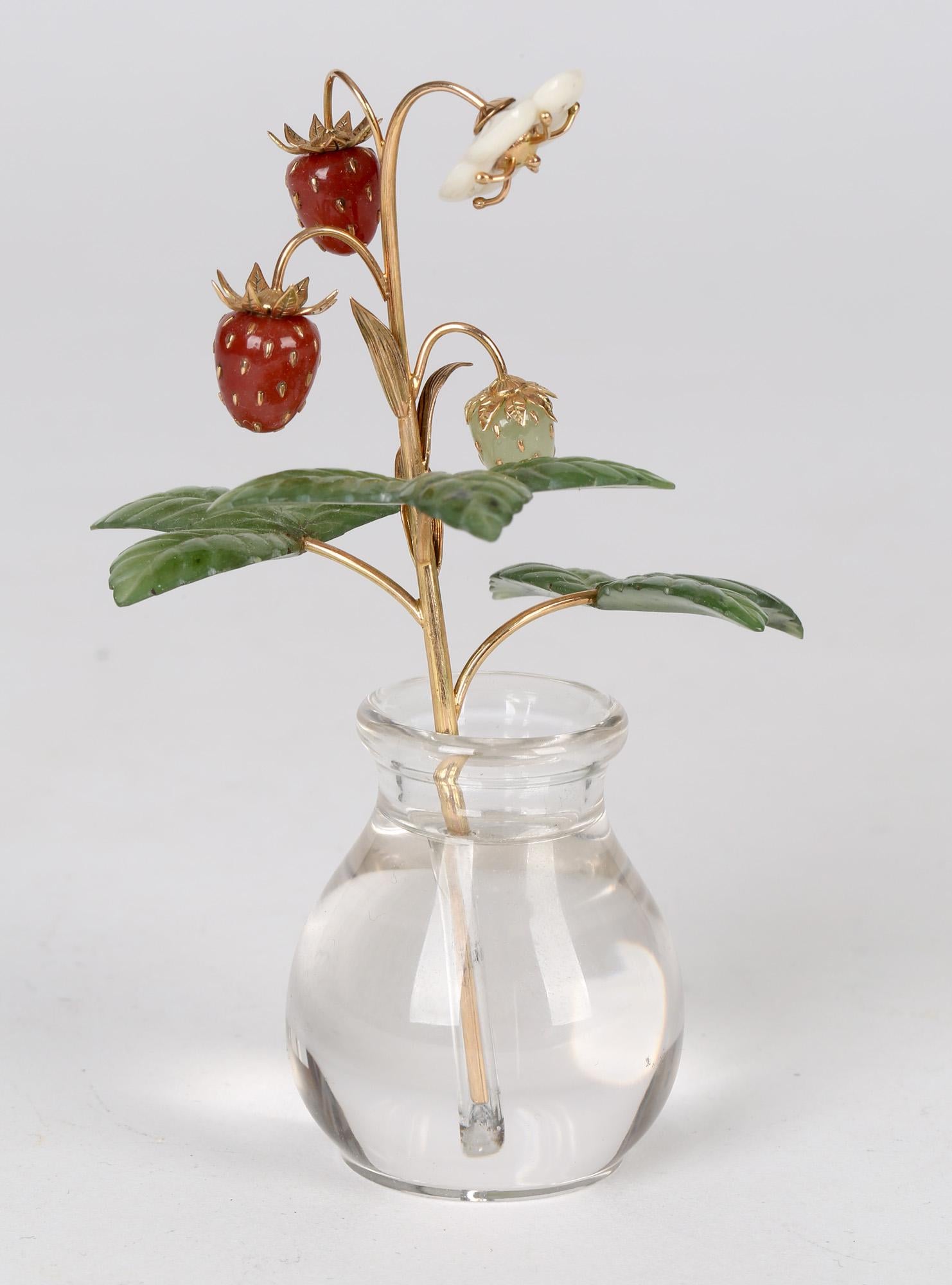20th Century Fabergé Style Exquisite Wild Strawberry Stem with Crystal Vase
