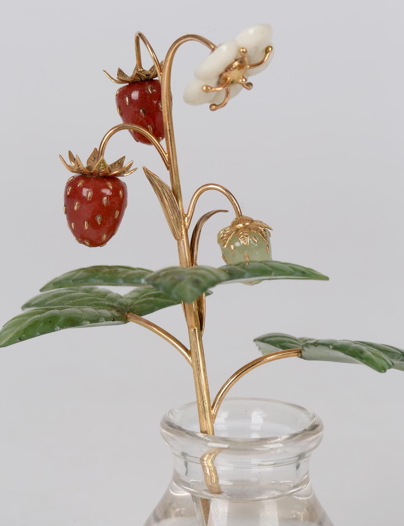 Gold Fabergé Style Exquisite Wild Strawberry Stem with Crystal Vase