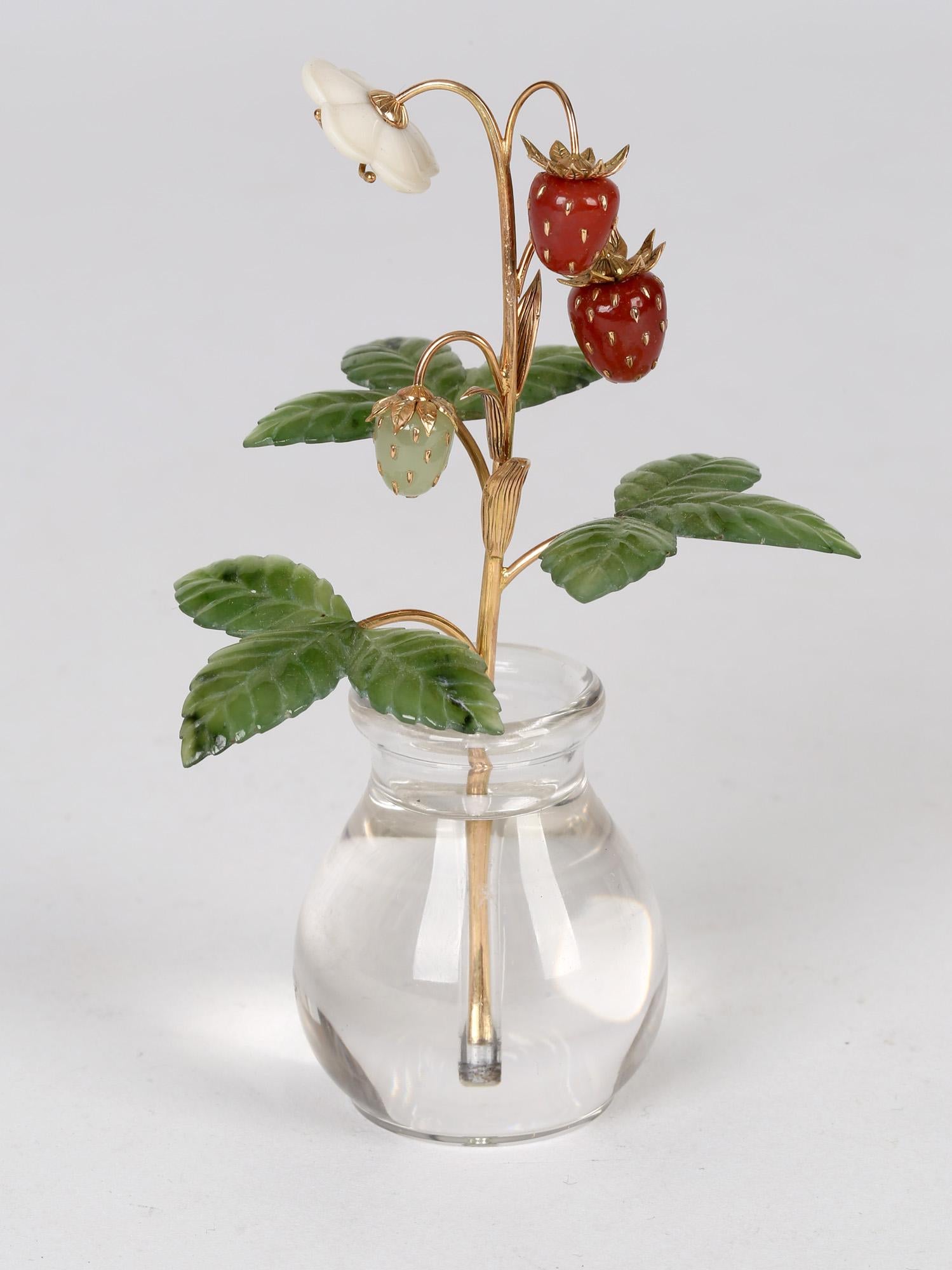 Fabergé Style Exquisite Wild Strawberry Stem with Crystal Vase 1