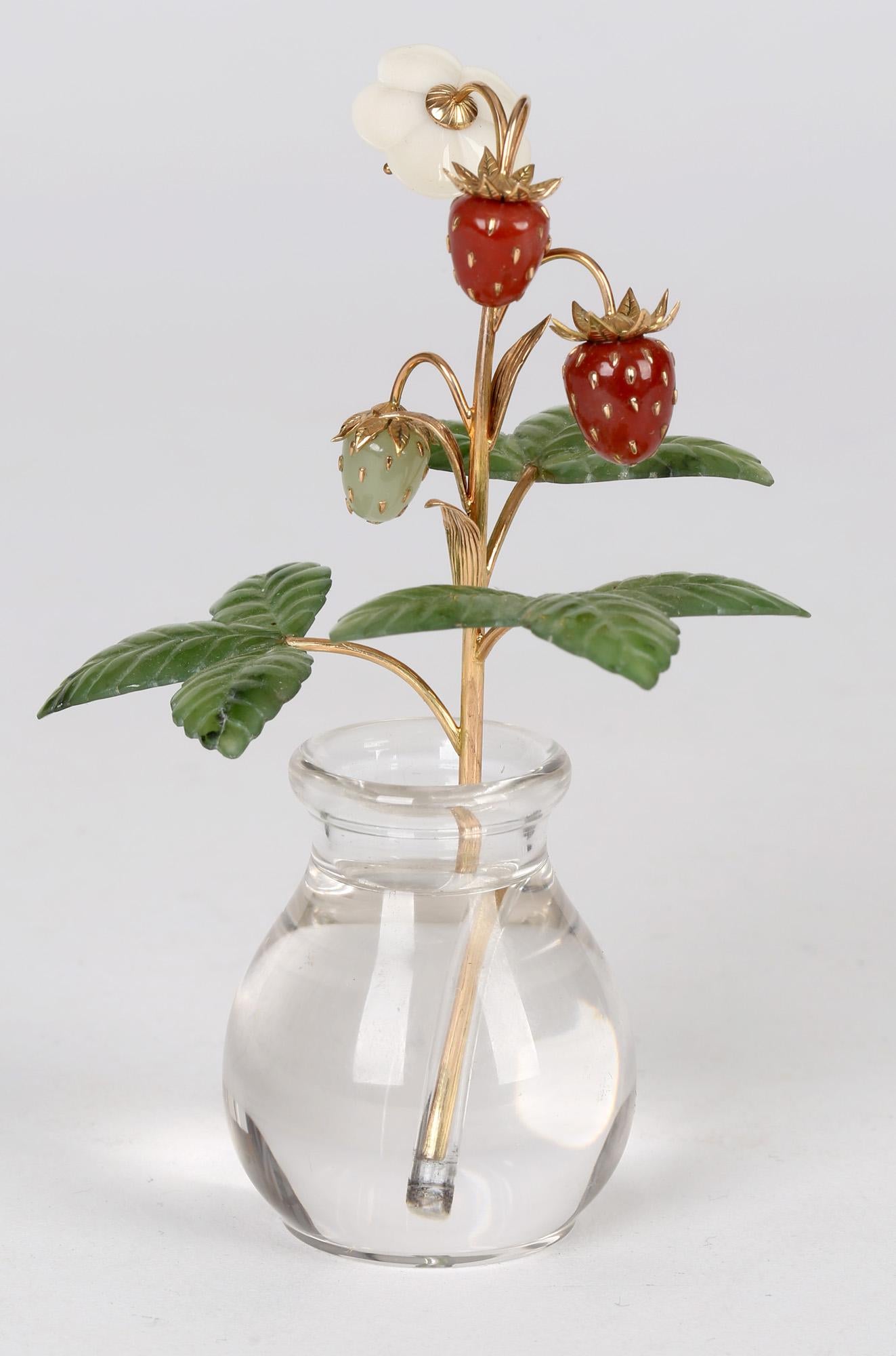 Russian Fabergé Style Exquisite Wild Strawberry Stem with Crystal Vase