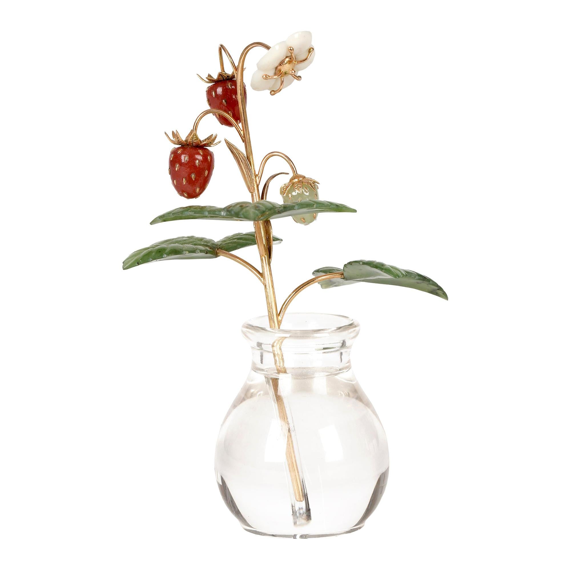 Fabergé Style Exquisite Wild Strawberry Stem with Crystal Vase
