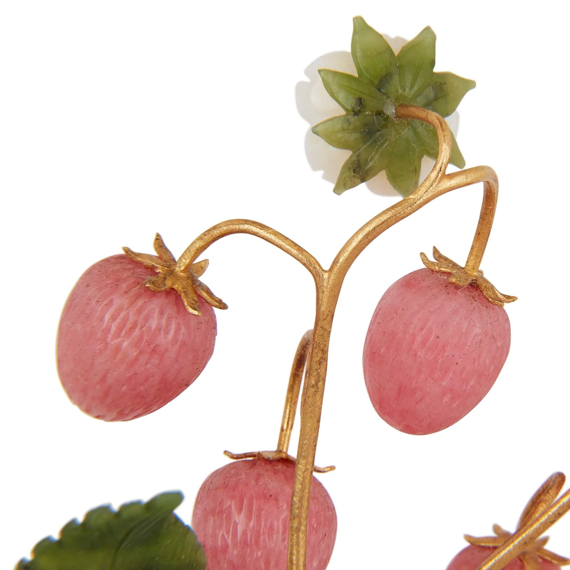 European Fabergé-Style Gold, Diamond, and Rock Crystal Model of Strawberries  For Sale
