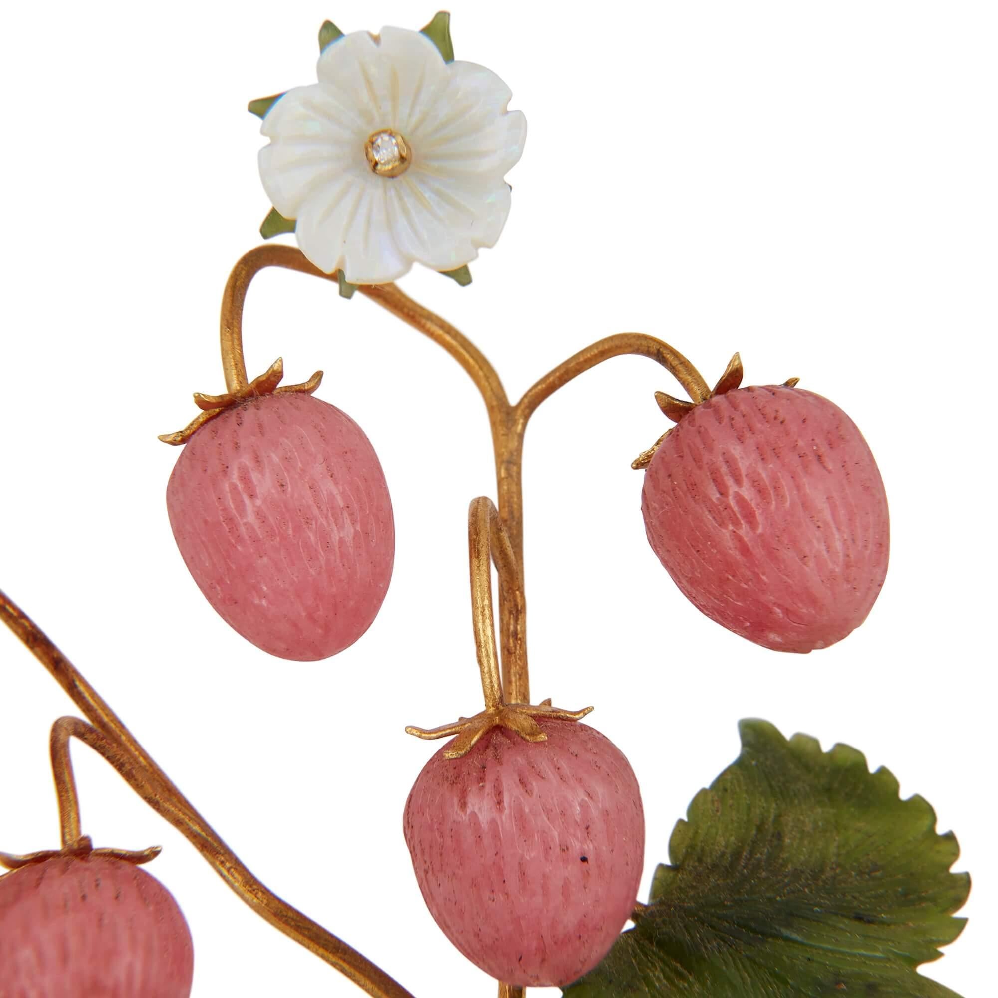 Carved Fabergé-Style Gold, Diamond, and Rock Crystal Model of Strawberries  For Sale
