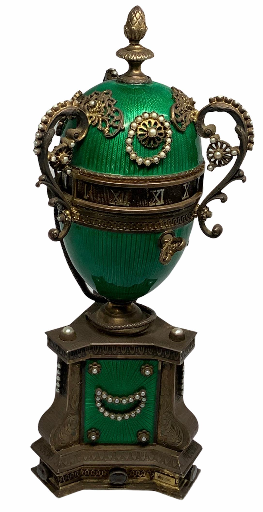 Faberge Style Guilloche Egg Gilt Silver Annular Serpent Clock 5