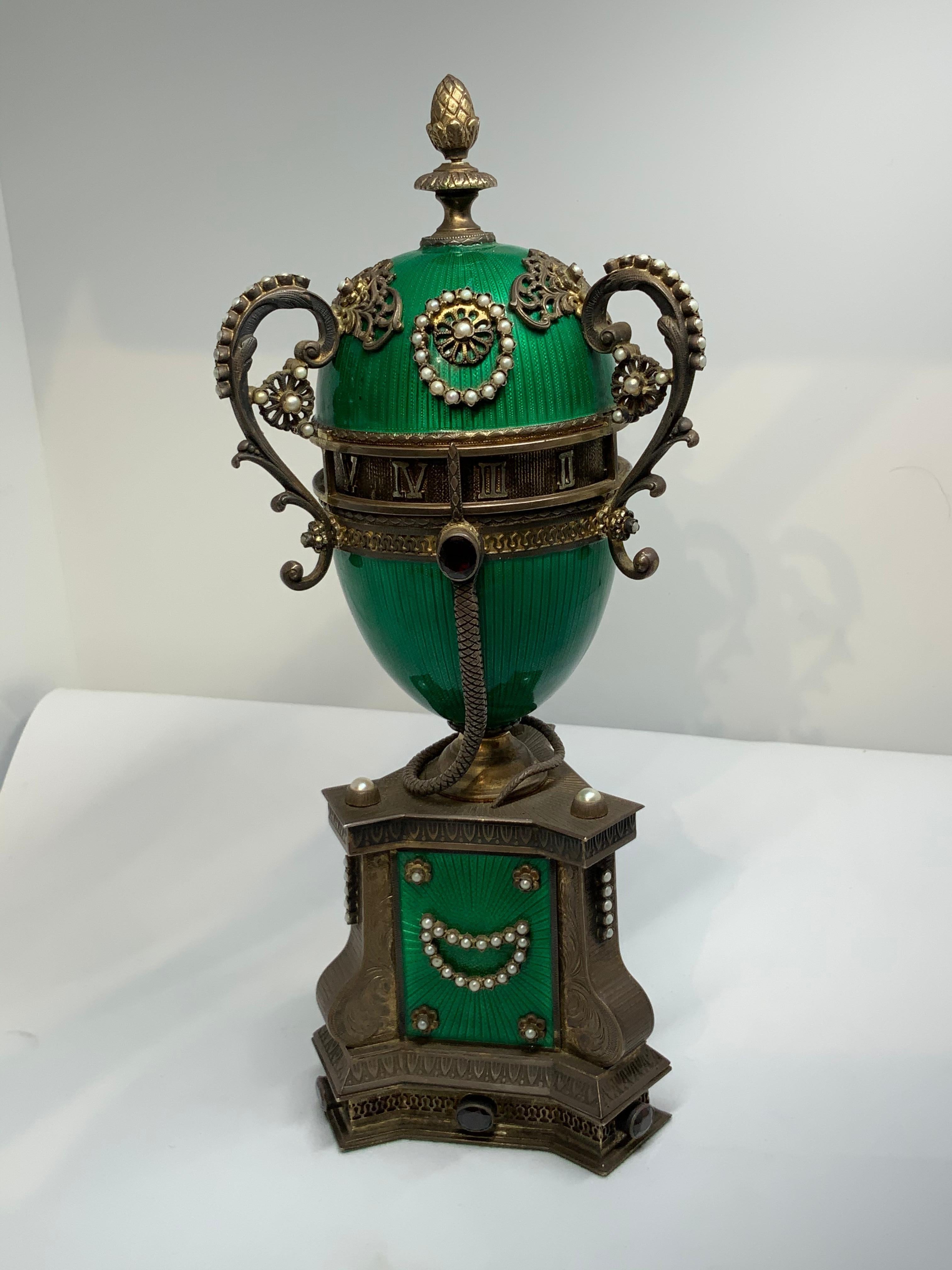 Faberge Style Guilloche Egg Gilt Silver Annular Serpent Clock 6