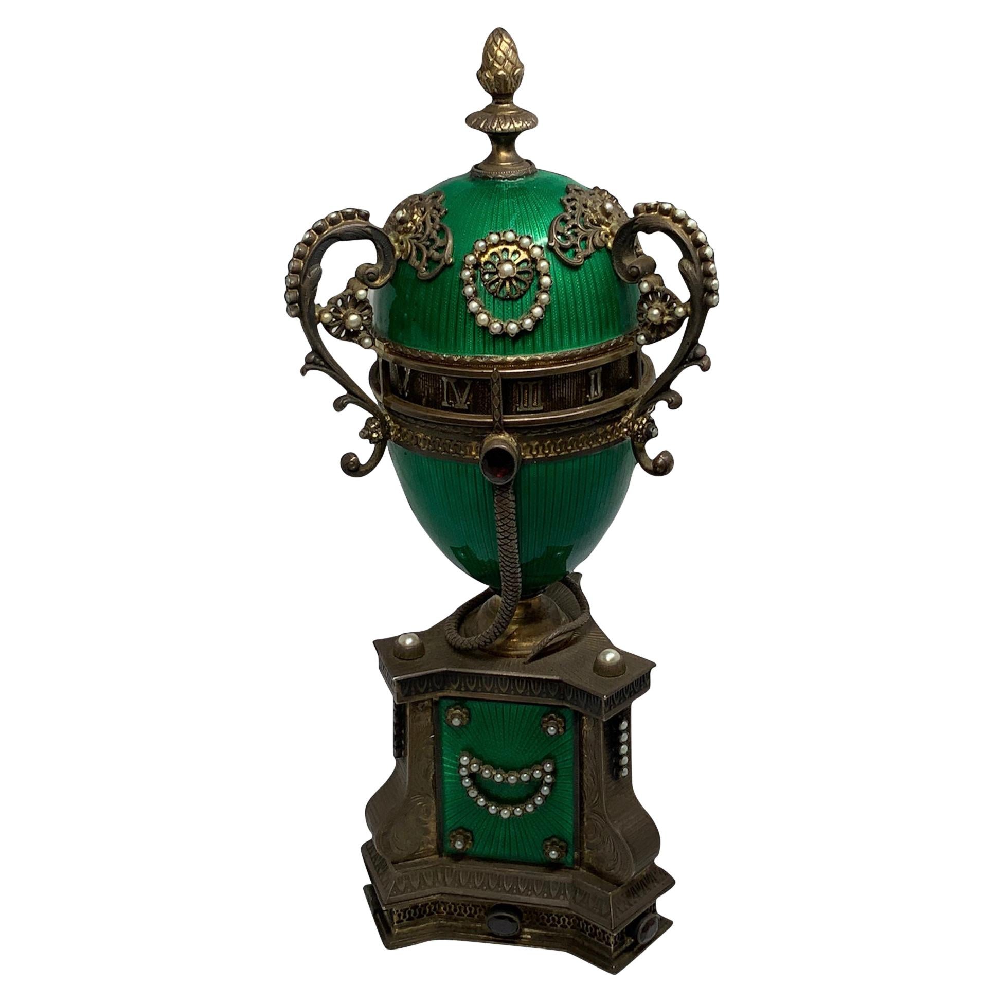 Faberge Style Guilloche Egg Gilt Silver Annular Serpent Clock