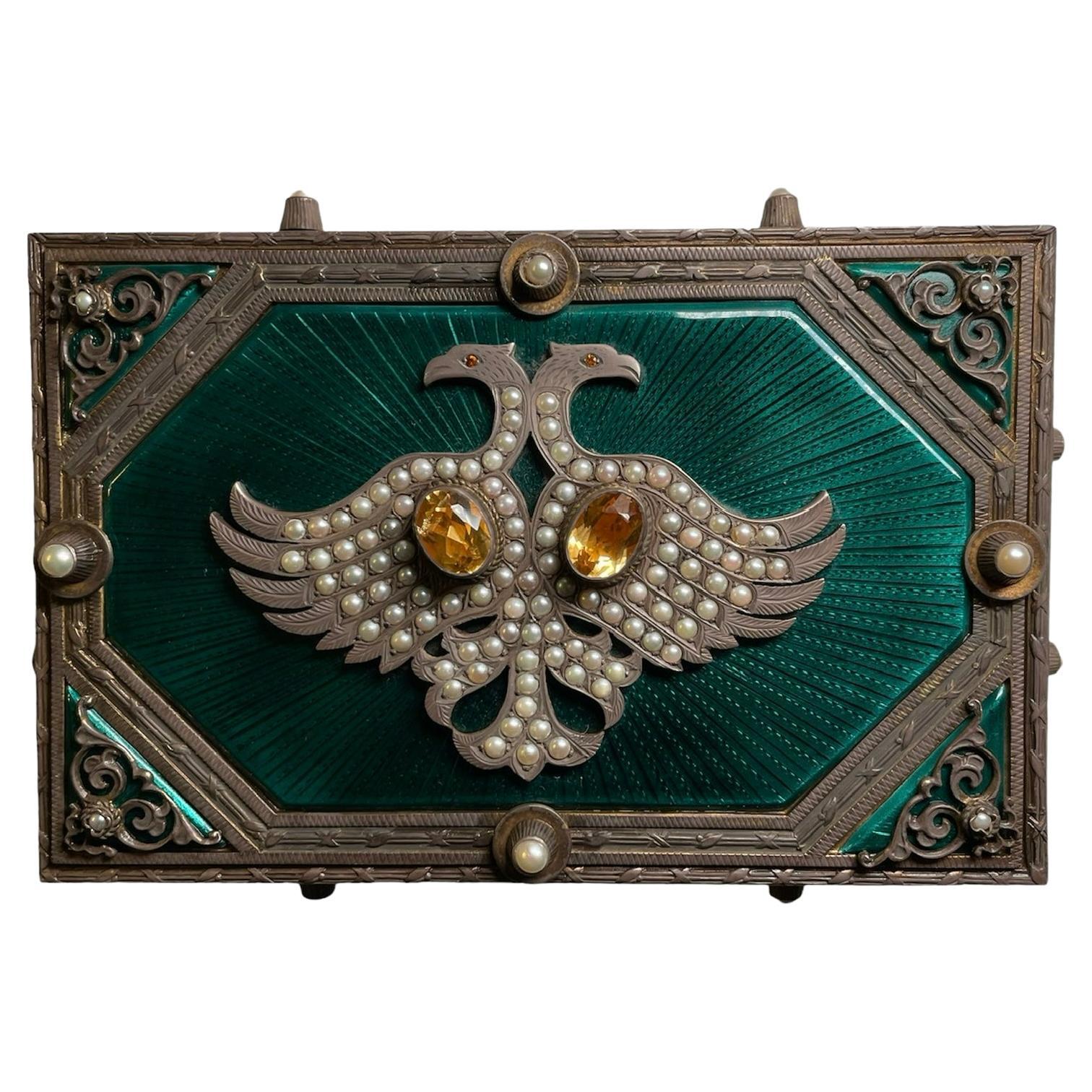 Dekorative Schachtel/ Zigarrenetui aus Sterlingsilber im Faberge-Stil mit Guilloche-Emaille-Emaille-Sterlingsilber im Angebot