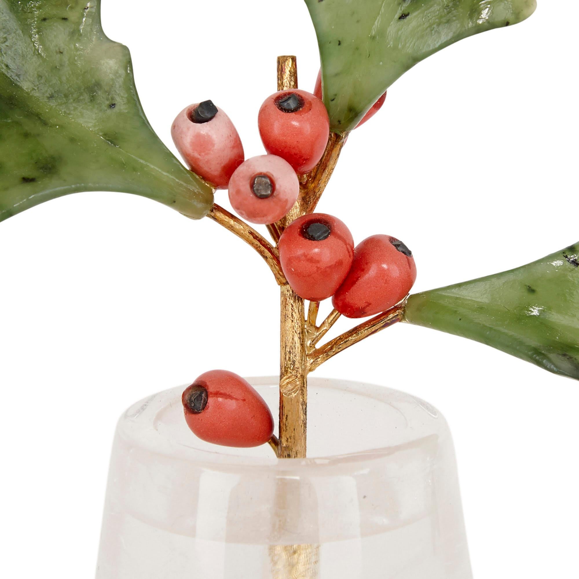 French Fabergé Style Holly Sprig Model with Gold and Rock Crystal