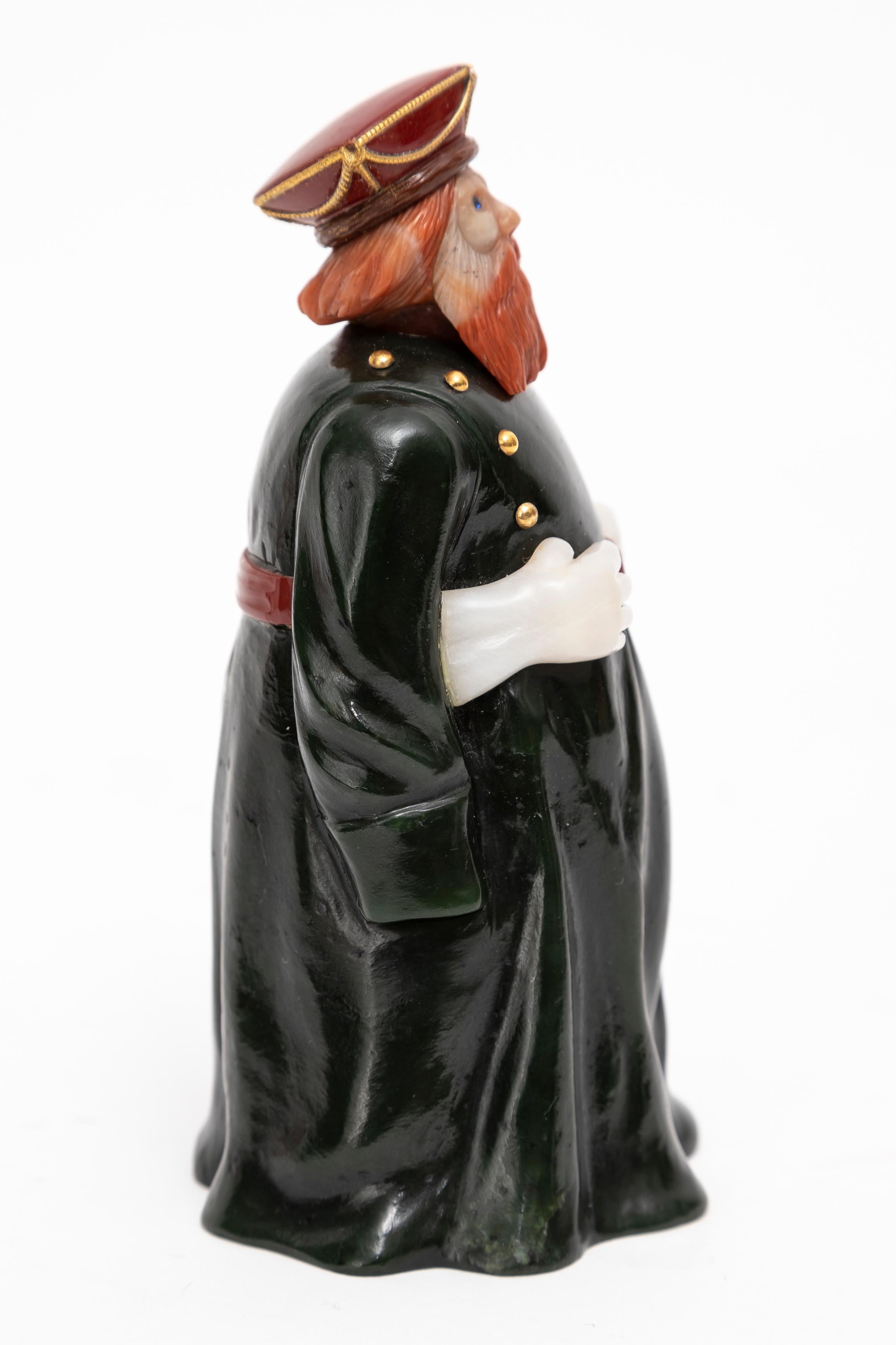 Fabergé Style Russian Officer Figure: Nephrite, Jade, Jasper, & Agate 24K Gold  In Good Condition In New York, NY