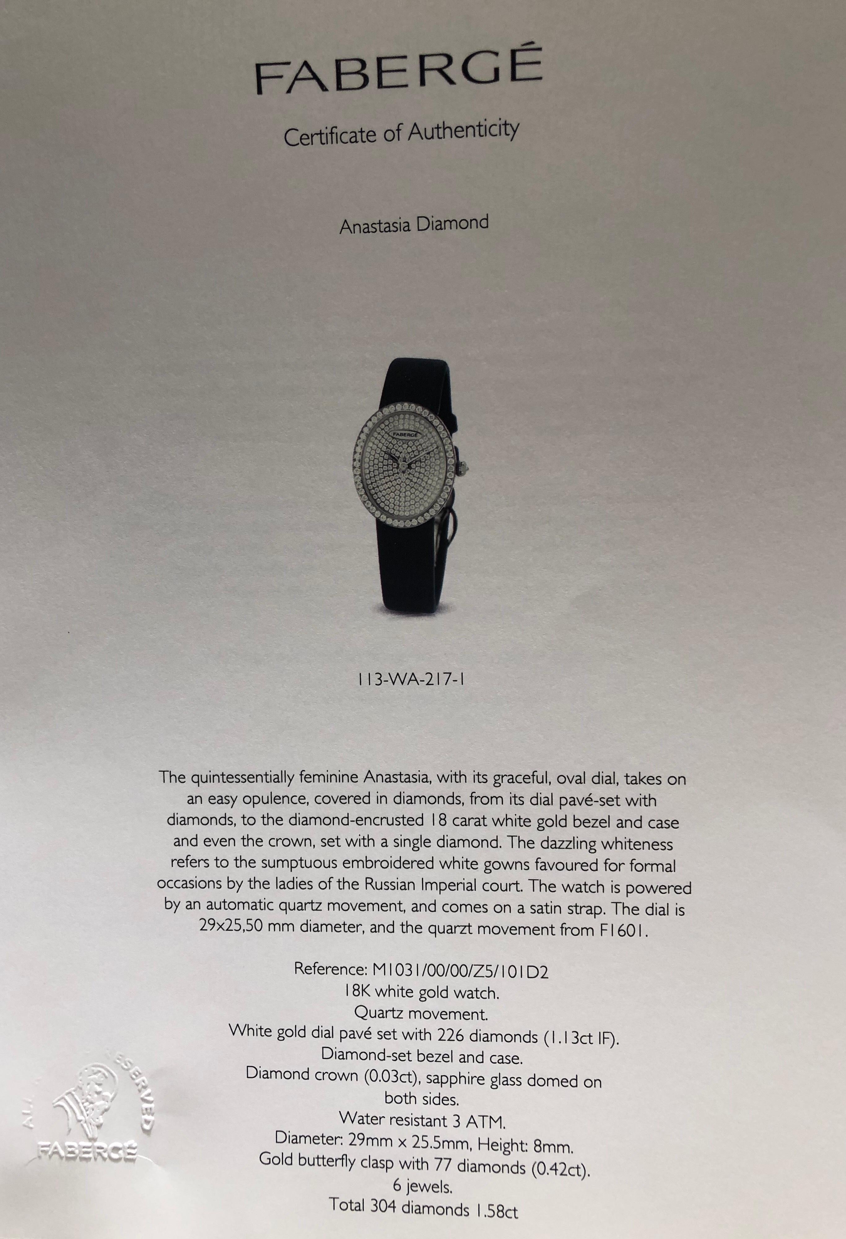 Belle Époque Fabergé Timepieces Anastasia Diamonds Ladies 18 Karat White Gold Watch For Sale