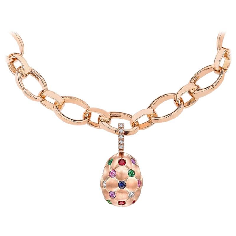 Fabergé Treillage 18 Karat Brushed Gold Diamond & Gemstone Egg Charm, US Clients For Sale