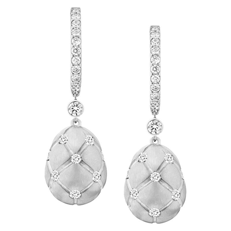 Fabergé Treillage 18K Brushed White Gold Diamond Hoop Drop Earrings, US Clients For Sale