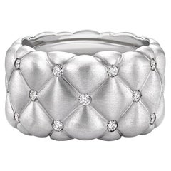 Fabergé Treillage 18K Brushed White Gold Diamond Wide Quilted Ring, US Clients