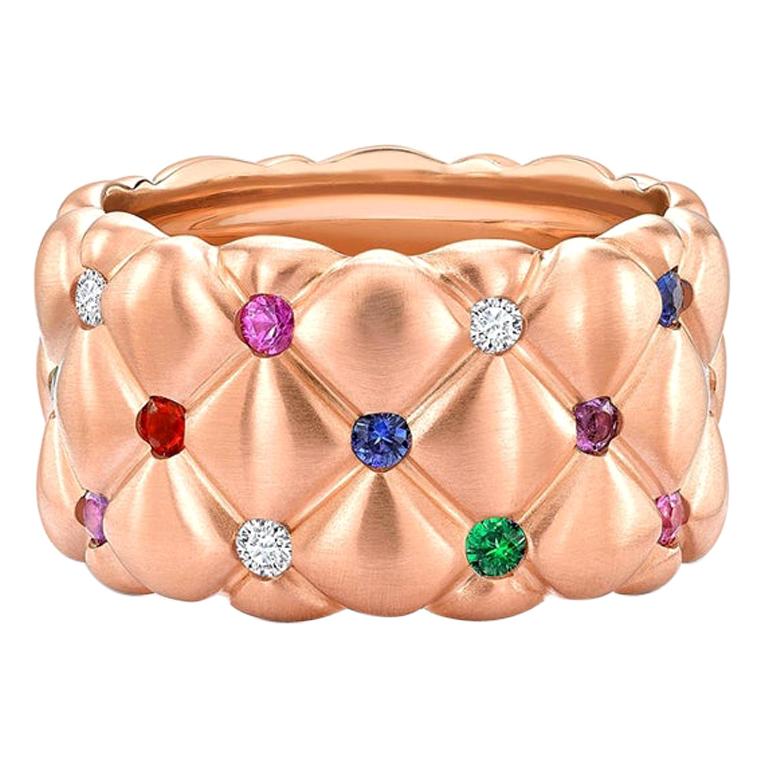 Fabergé Treillage 18K Ring with Brushed Rose Gold Diamond & Multicolour Gemstone For Sale