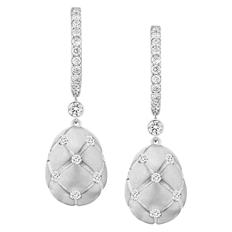 Fabergé Treillage 18K Brushed White Gold Diamond Hoop Drop Earrings For Sale