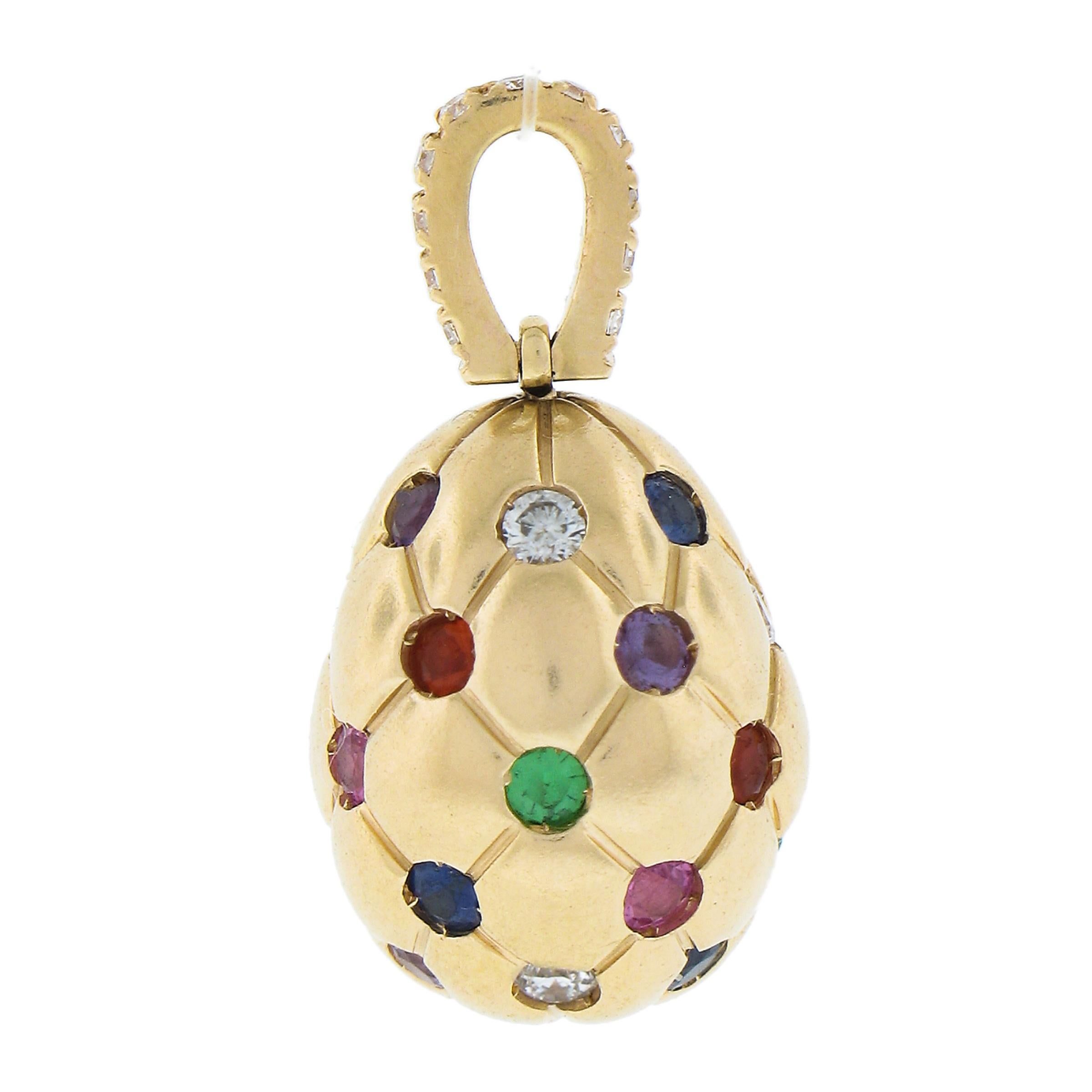 Women's or Men's Faberge Treillage 18k Rose Gold Multi Colored Gemstone Set Quilting Egg Pendant