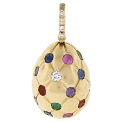 Faberge Treillage 18k Rose Gold Multi Colored Gemstone Set Quilting Egg Pendant
