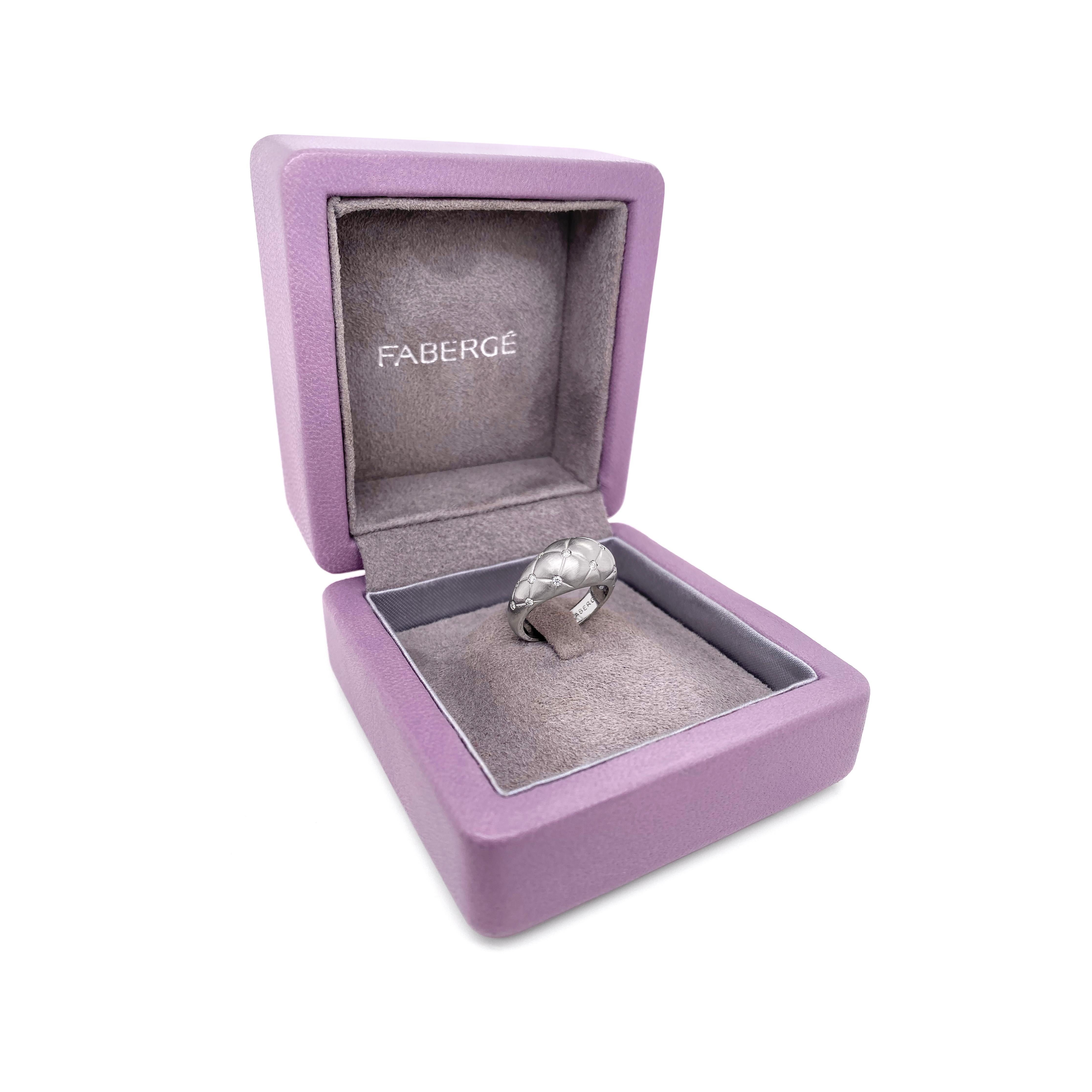Fabergé 'Treillage' Brushed 18K White Gold and Diamond Quilted Dome Ring In Excellent Condition For Sale In London, GB