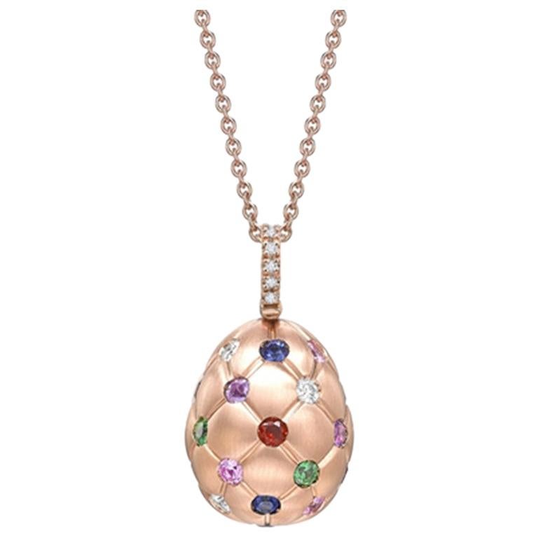 Fabergé Treillage Brushed Rose Gold & Multicoloured Gemstone Set Egg Pendant For Sale