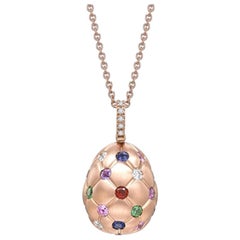 Fabergé Treillage Brushed Rose Gold & Multicoloured Gemstone Set Egg Pendant