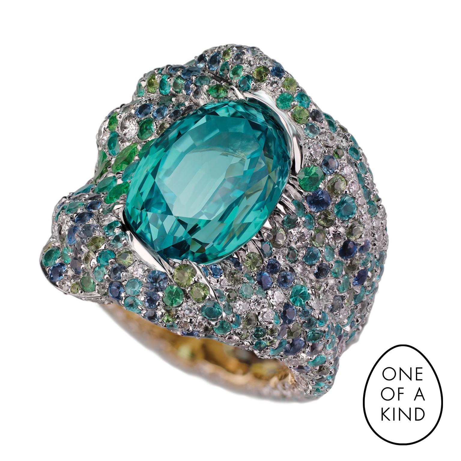 Fabergé Vagabonde Green Chrysoberyl Chunky Ring With Diamonds & Blue Gemstones For Sale