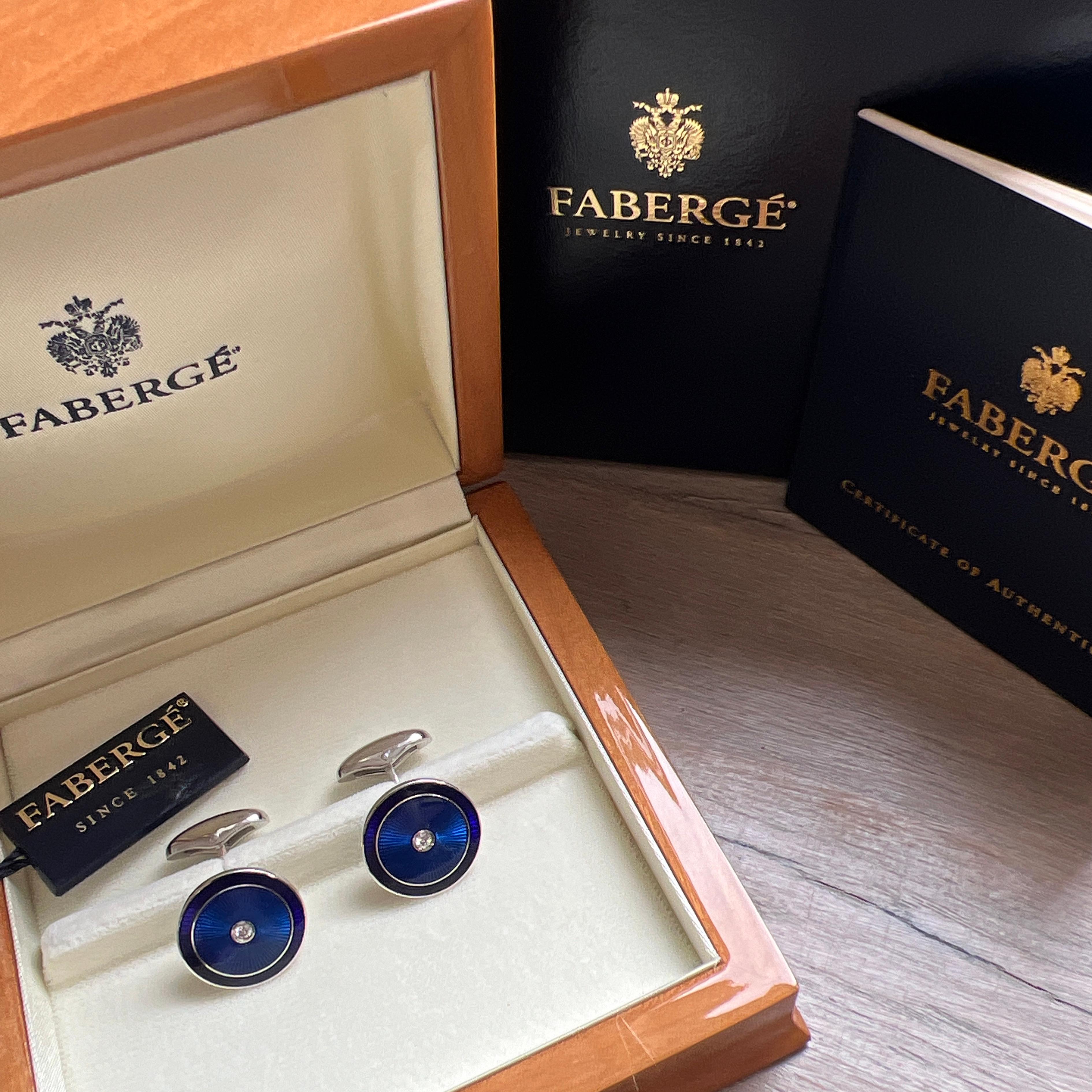 Fabergé Weiß Diamant Schwarz Blau Guilloché Hand emailliert Weißgold Manschettenknöpfe im Angebot 5