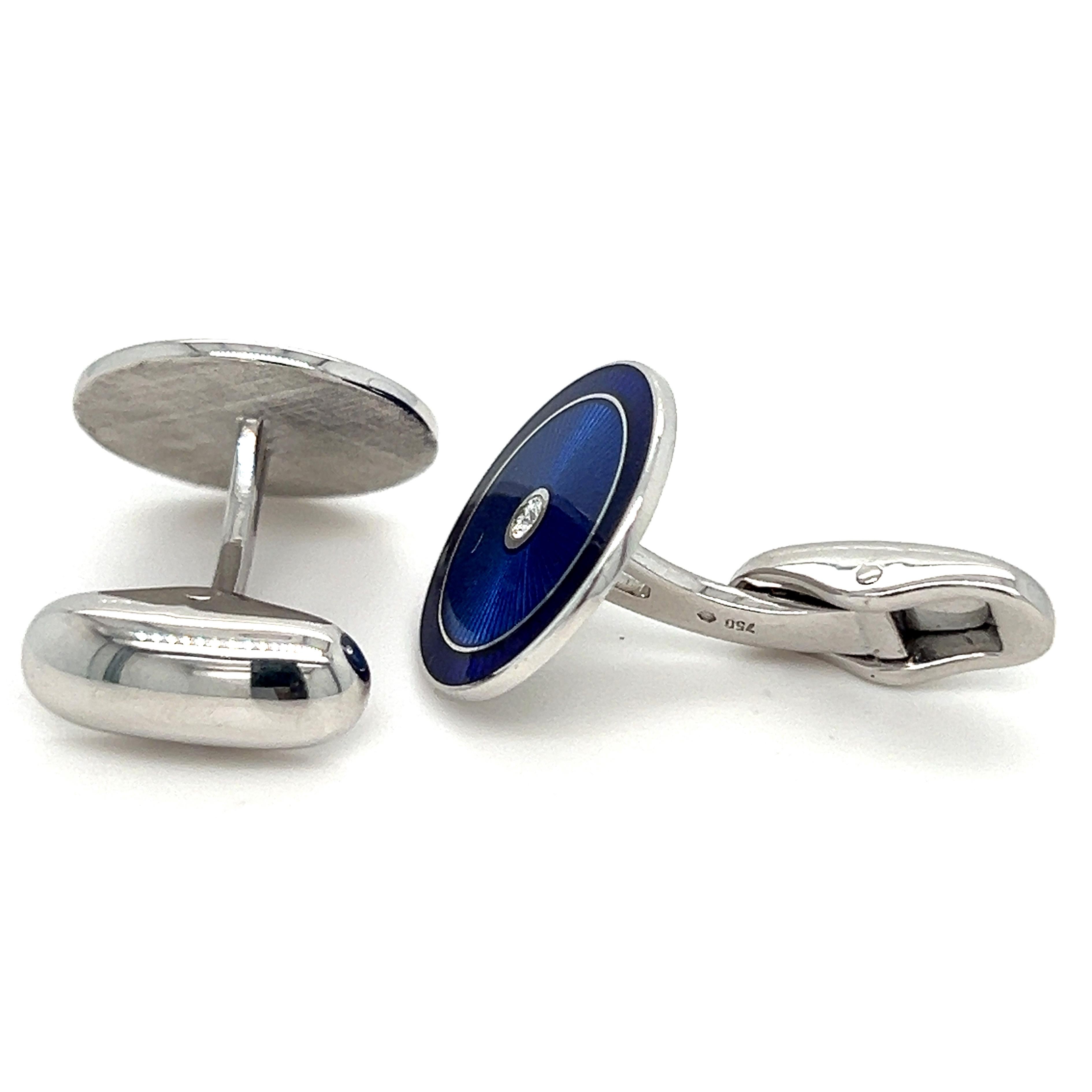 Fabergé White Diamond Black Blue Guilloché Hand Enameled White Gold Cufflinks In New Condition For Sale In Valenza, IT