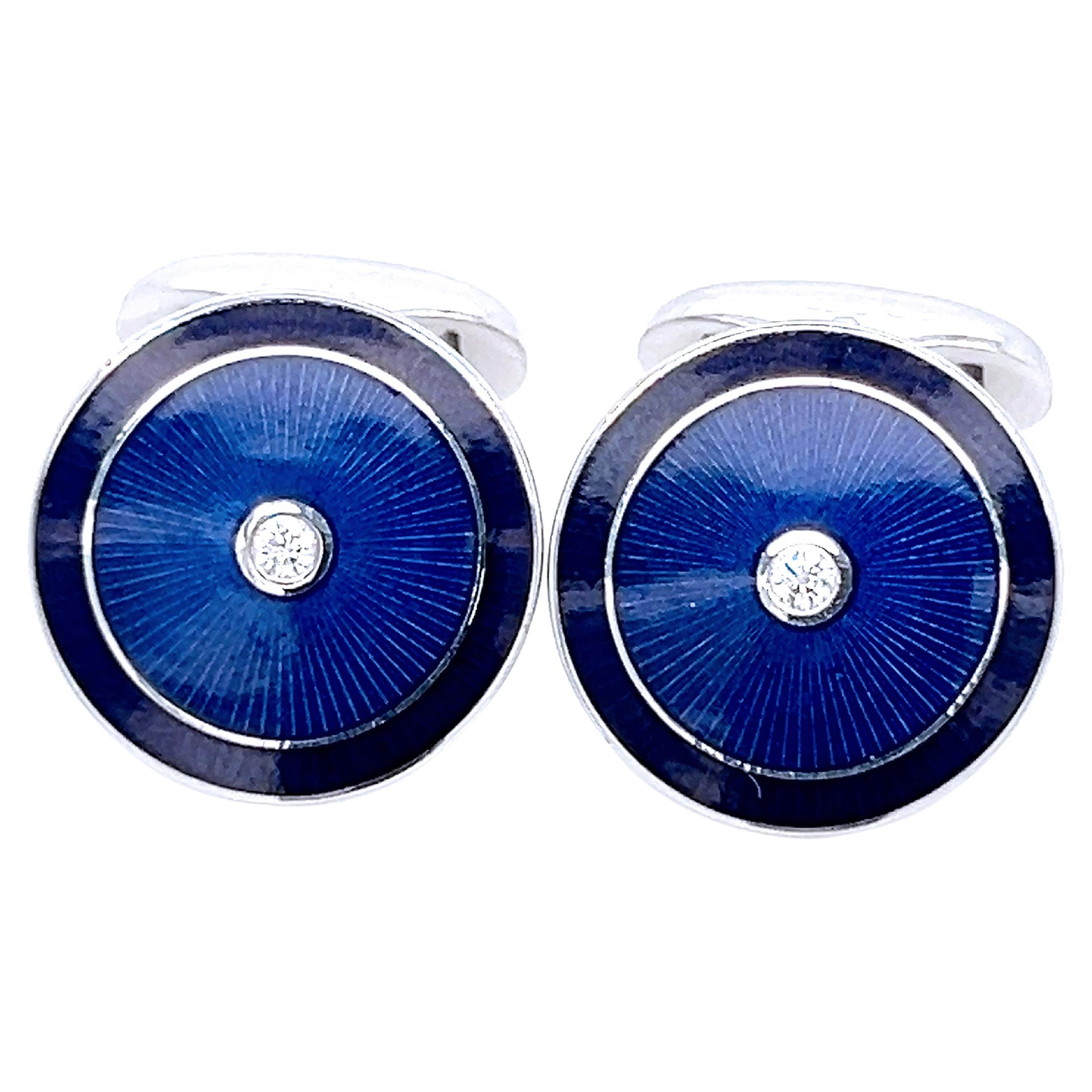 Fabergé White Diamond Black Blue Guilloché Hand Enameled White Gold Cufflinks For Sale