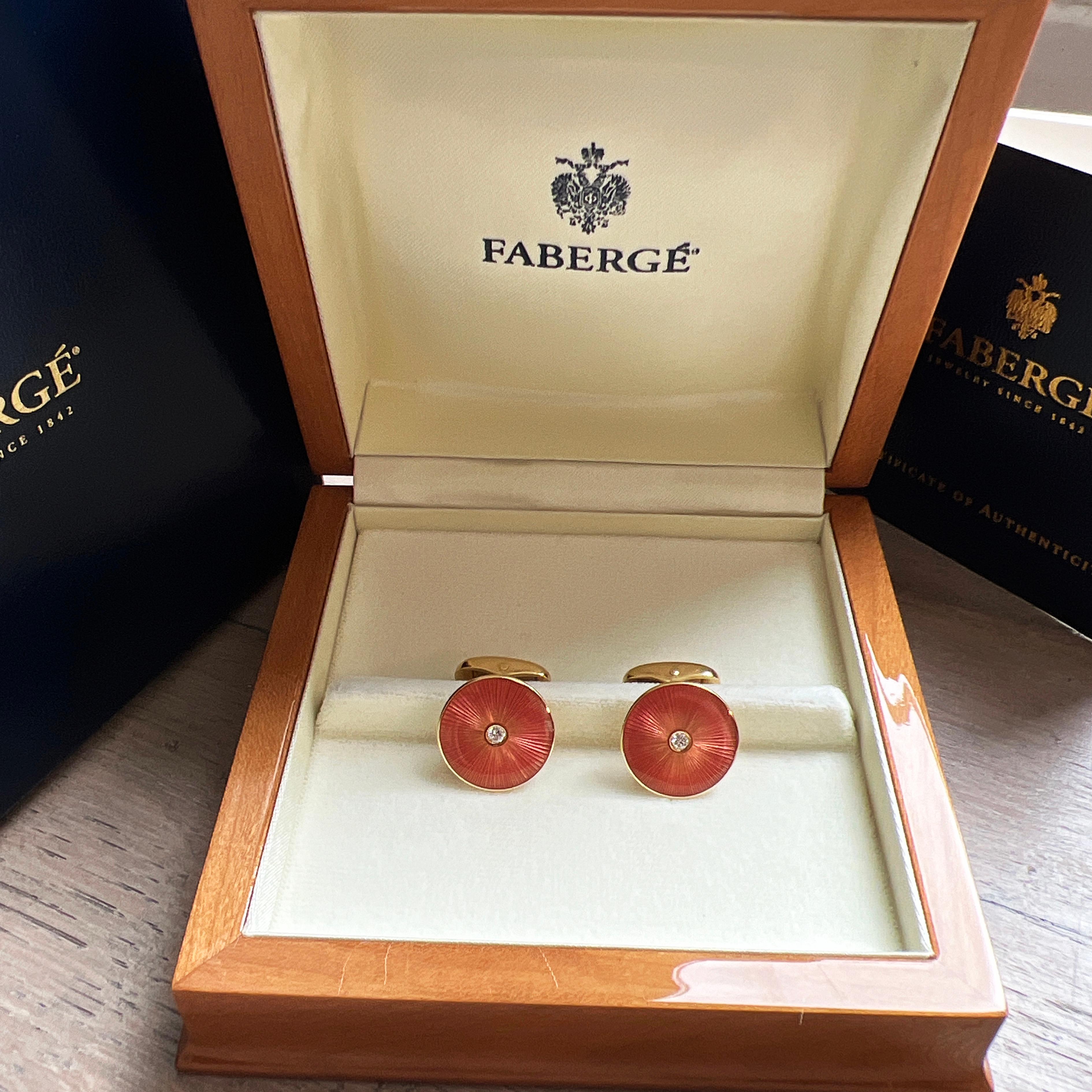Fabergé White Diamond Salmon-Pink Guilloché Hand Enameled Yellow Gold Cufflinks For Sale 4