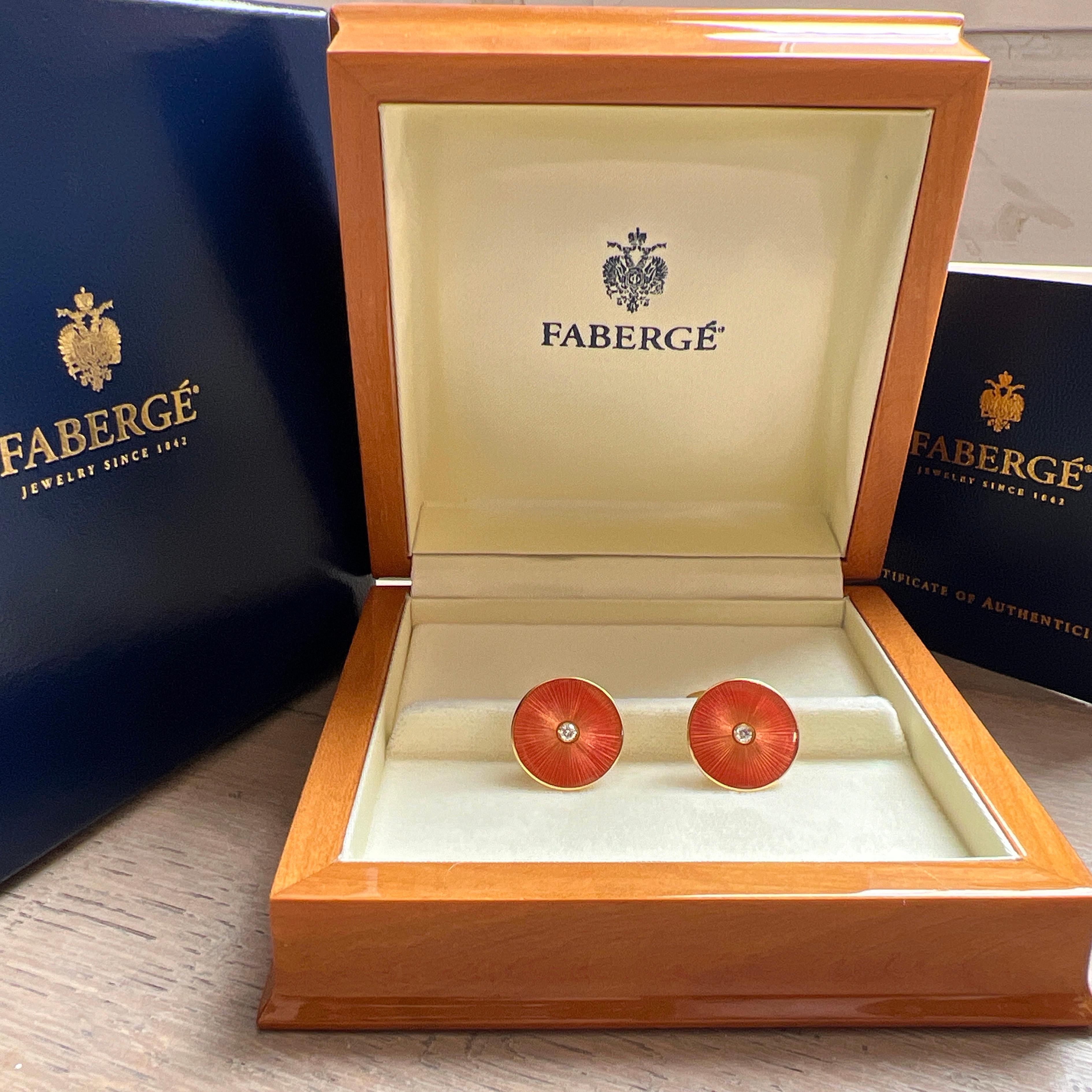 Fabergé White Diamond Salmon-Pink Guilloché Hand Enameled Yellow Gold Cufflinks For Sale 5
