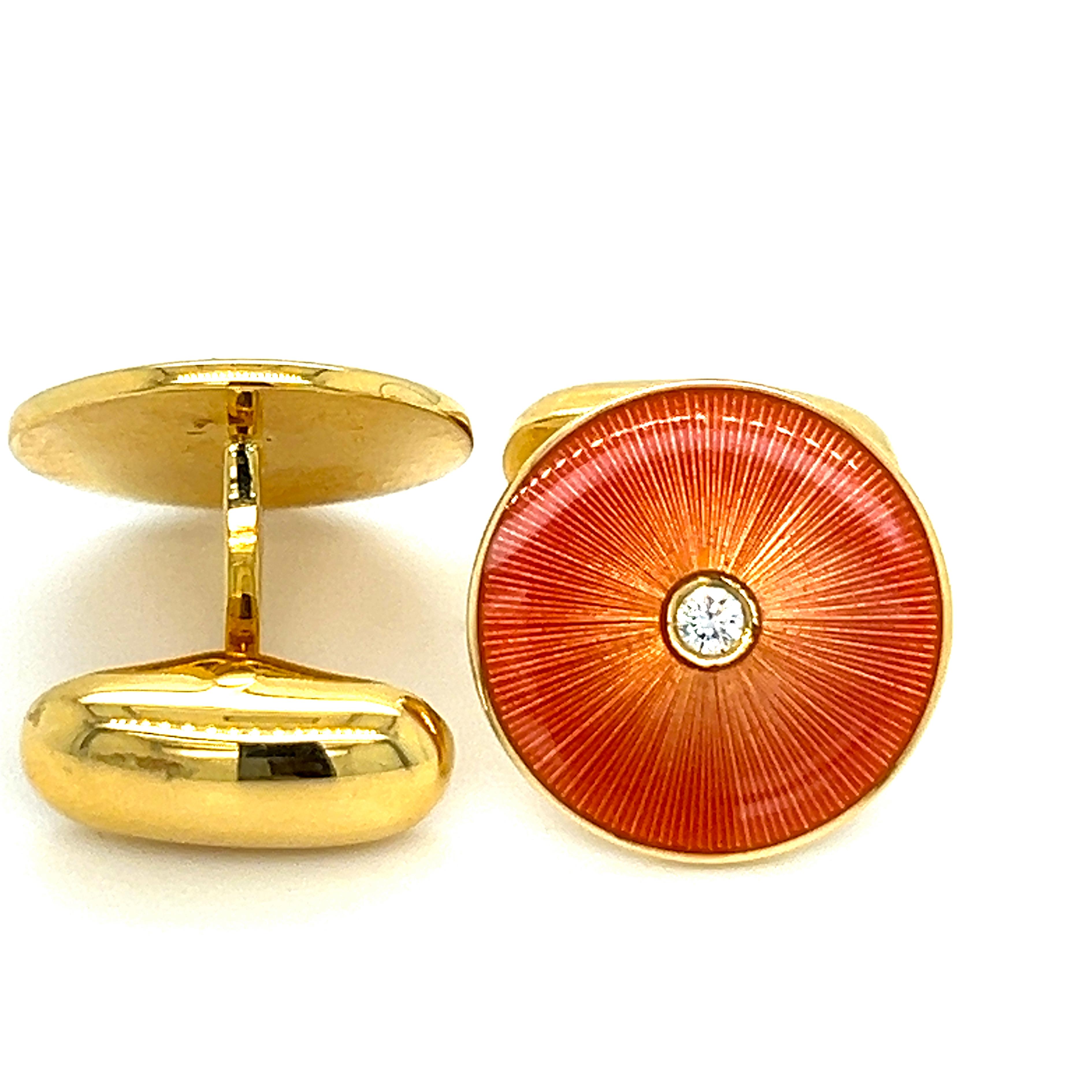 Contemporary Fabergé White Diamond Salmon-Pink Guilloché Hand Enameled Yellow Gold Cufflinks For Sale