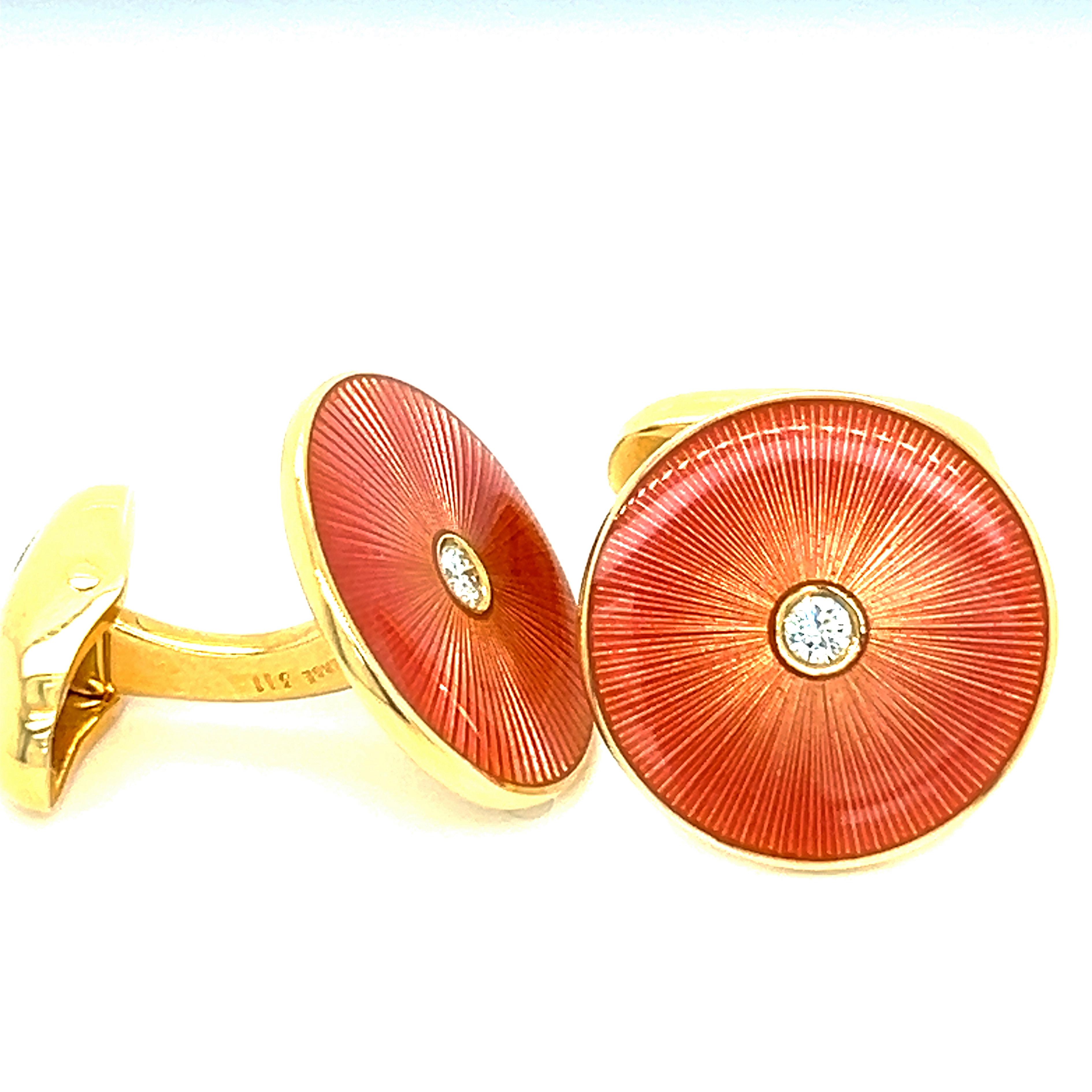 Brilliant Cut Fabergé White Diamond Salmon-Pink Guilloché Hand Enameled Yellow Gold Cufflinks For Sale