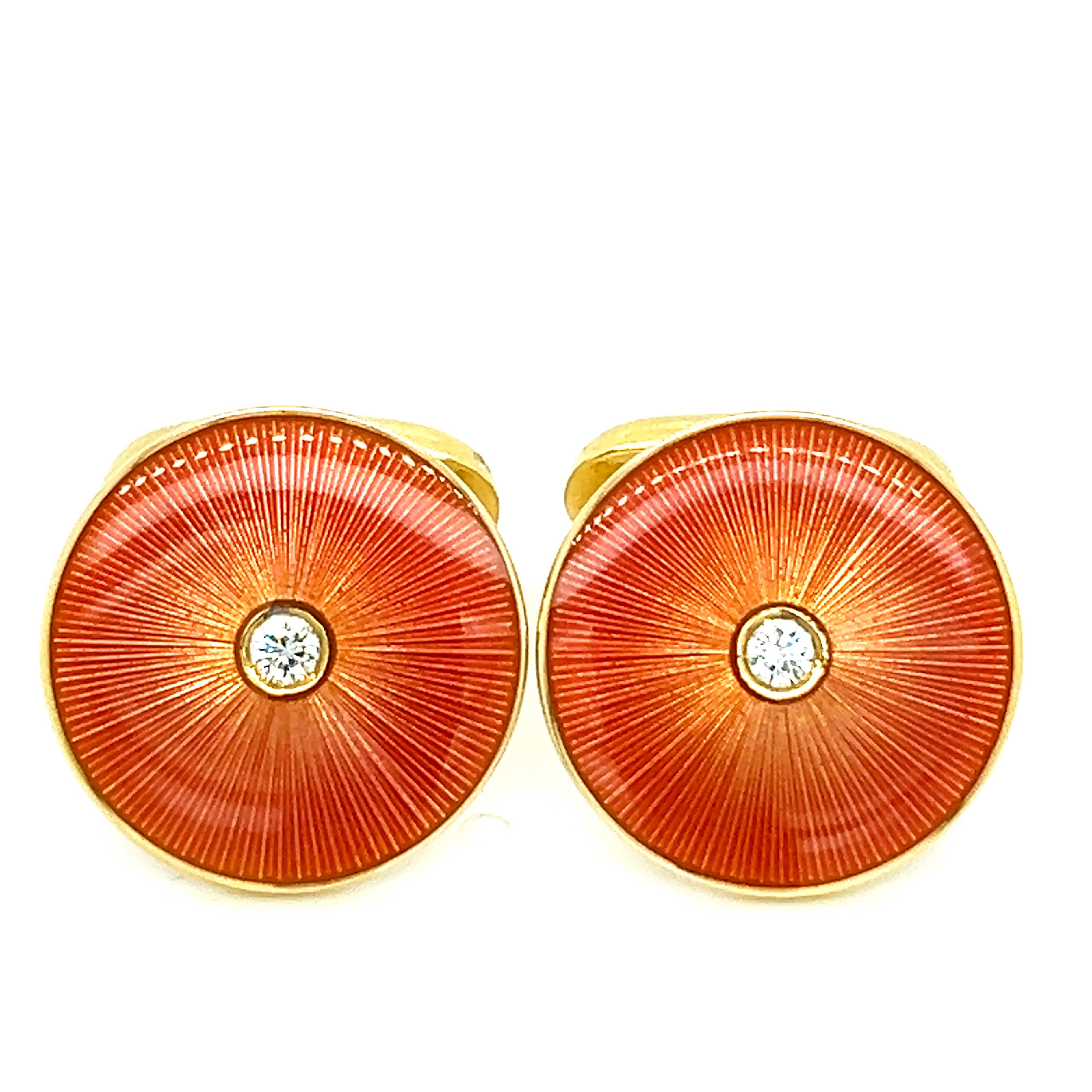 Fabergé White Diamond Salmon-Pink Guilloché Hand Enameled Yellow Gold Cufflinks For Sale 1