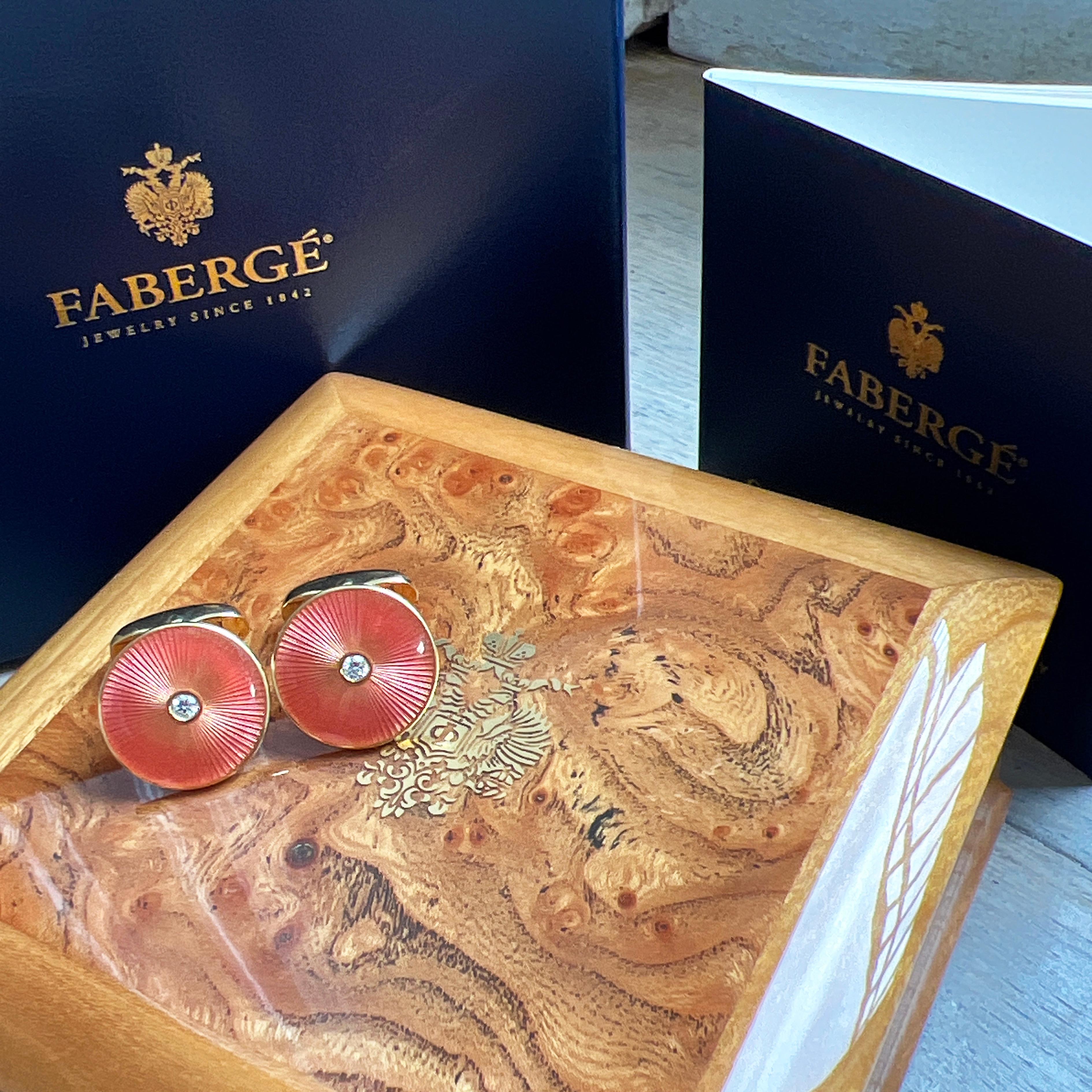 Fabergé White Diamond Salmon-Pink Guilloché Hand Enameled Yellow Gold Cufflinks For Sale 3
