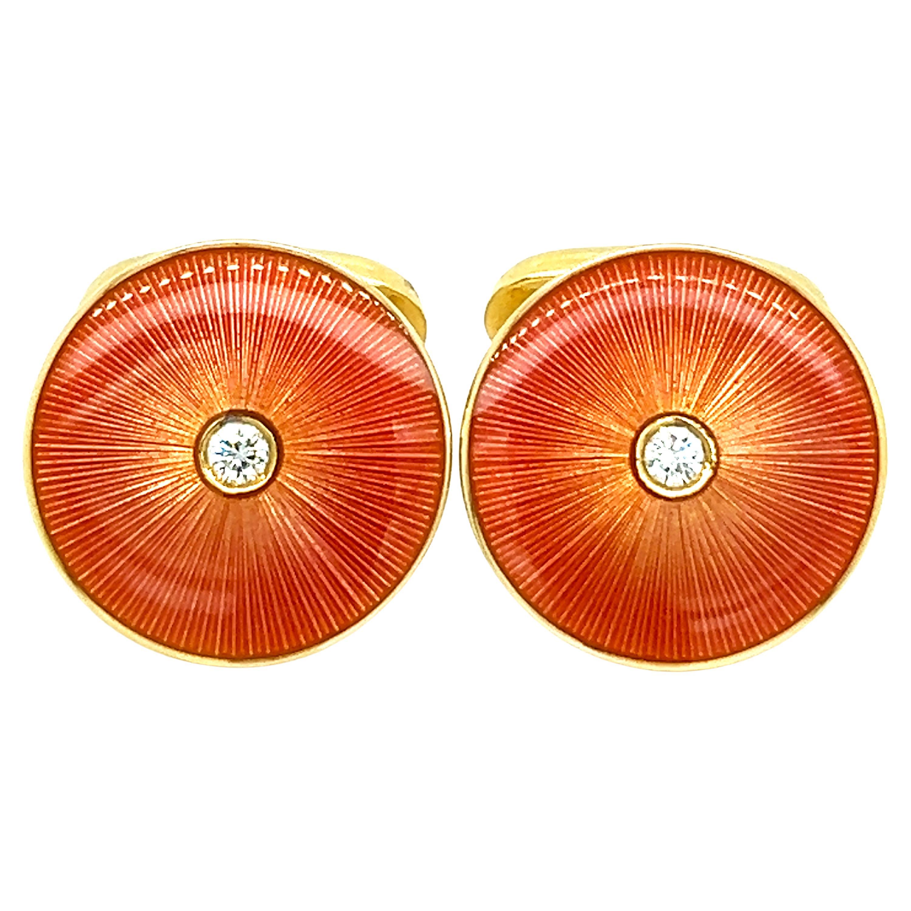 Fabergé White Diamond Salmon-Pink Guilloché Hand Enameled Yellow Gold Cufflinks For Sale