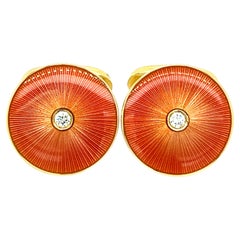 Used Fabergé White Diamond Salmon-Pink Guilloché Hand Enameled Yellow Gold Cufflinks