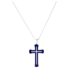 Fabergé White Gold 18K Blue Enamel Cross Pendant