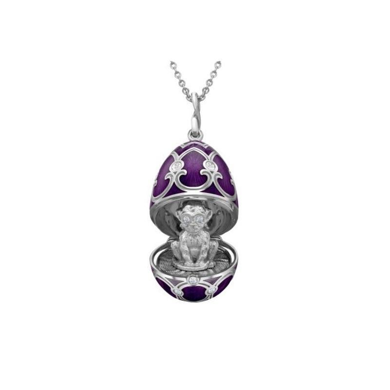 Round Cut Fabergé White Gold Purple Guilloché Enamel Monkey Surprise Locket 1310FP2348