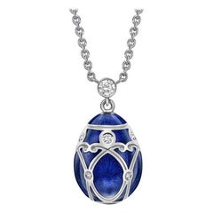 Fabergé White Gold Royal Blue Guilloché Enamel Petite Egg Pendant 213FP1351