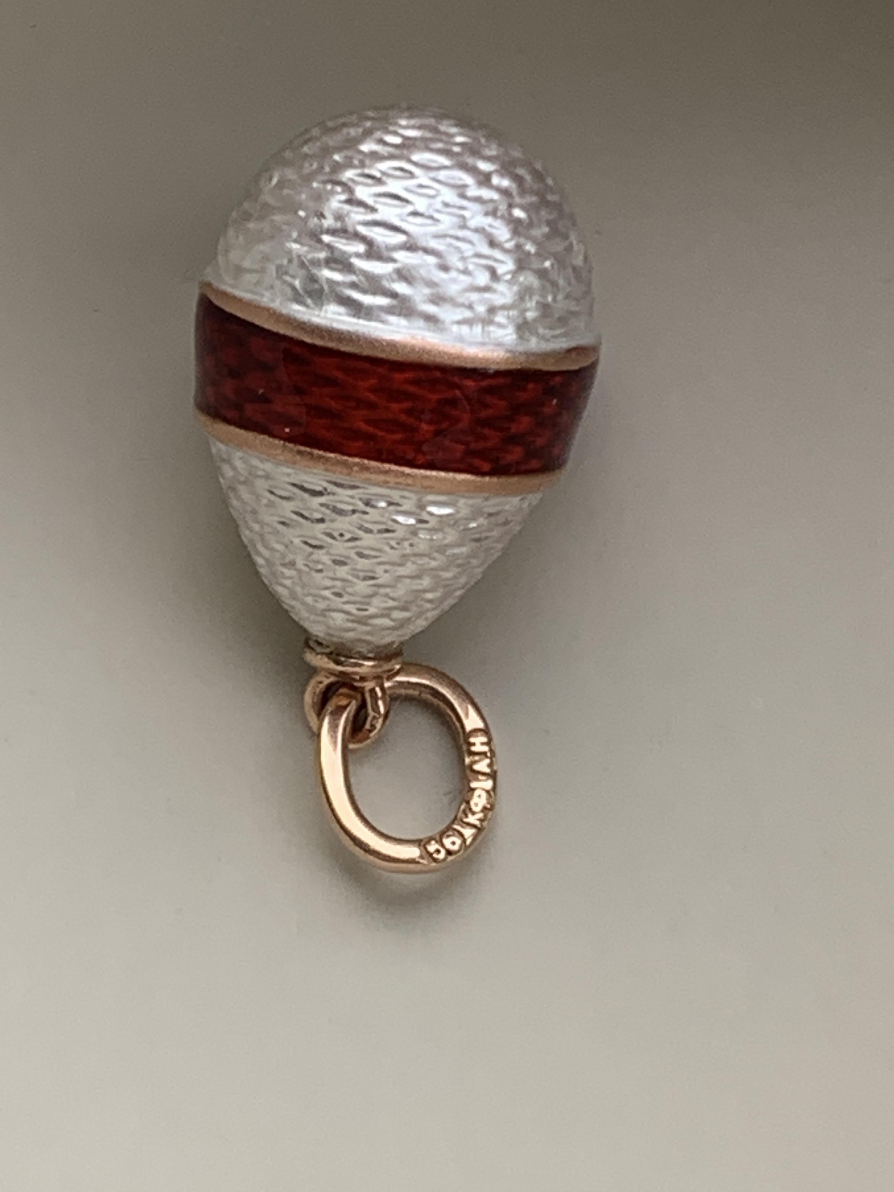 Women's FABERGE White Guilloche with red band Enamel Antique Egg Pendant For Sale