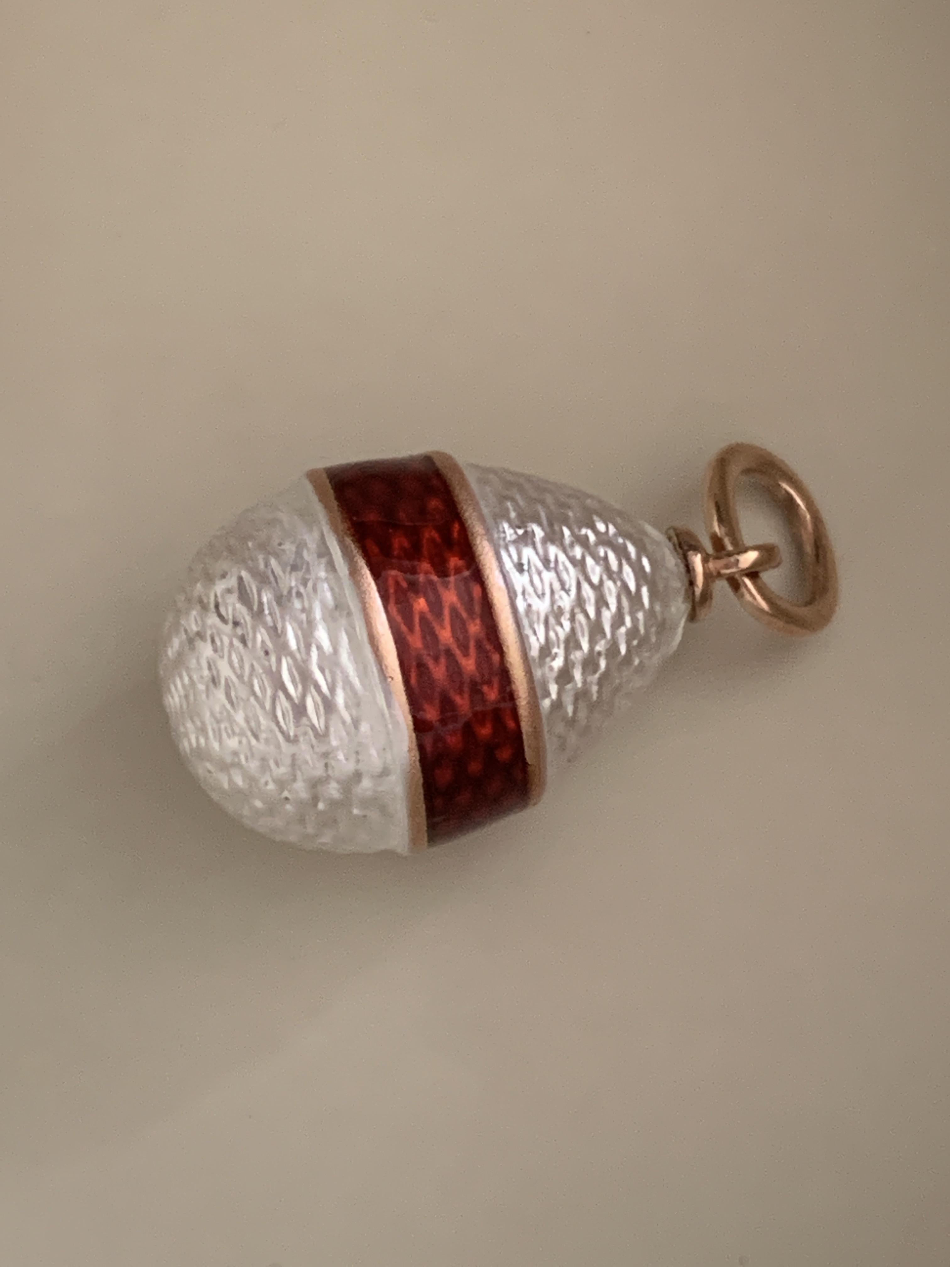FABERGE White Guilloche with red band Enamel Antique Egg Pendant For Sale 1
