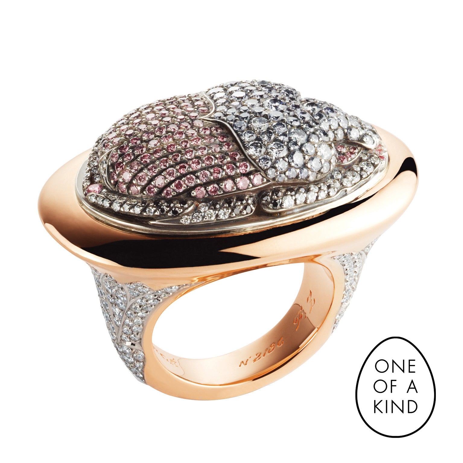 Fabergé White, Pink, Grey & Black Diamond Scarab Beetle Ring In 18K Rose Gold For Sale