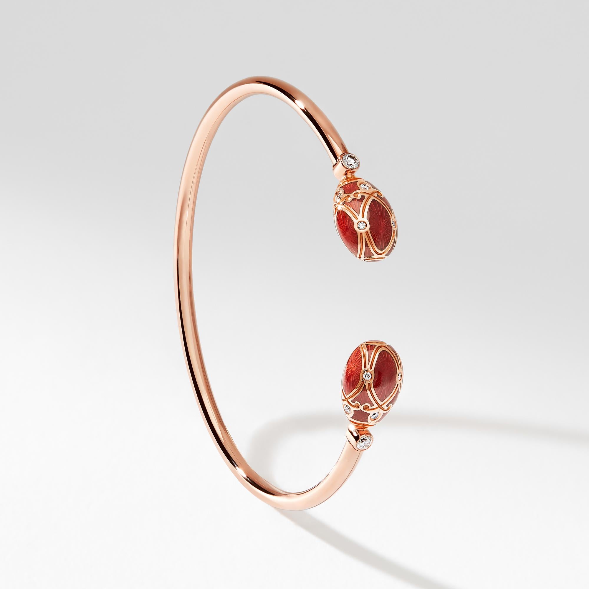 Round Cut Fabergé Yelagin 18K Rose Gold Diamond Open Bracelet With Red Enamel For Sale