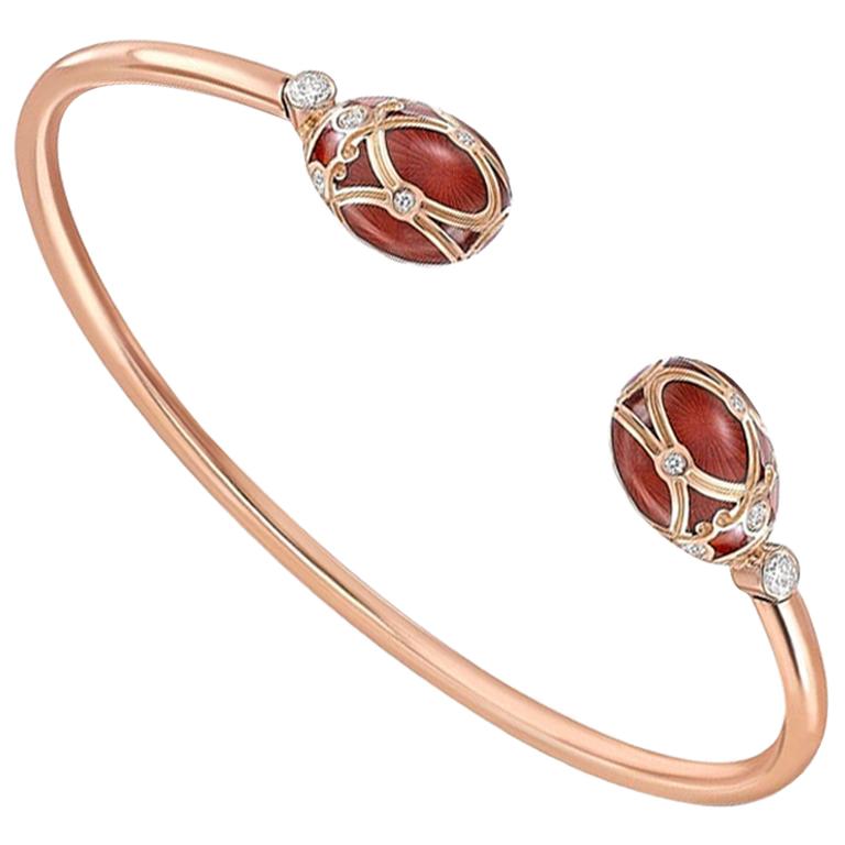 Fabergé Yelagin 18K Rose Gold Diamond Open Bracelet With Red Enamel For Sale